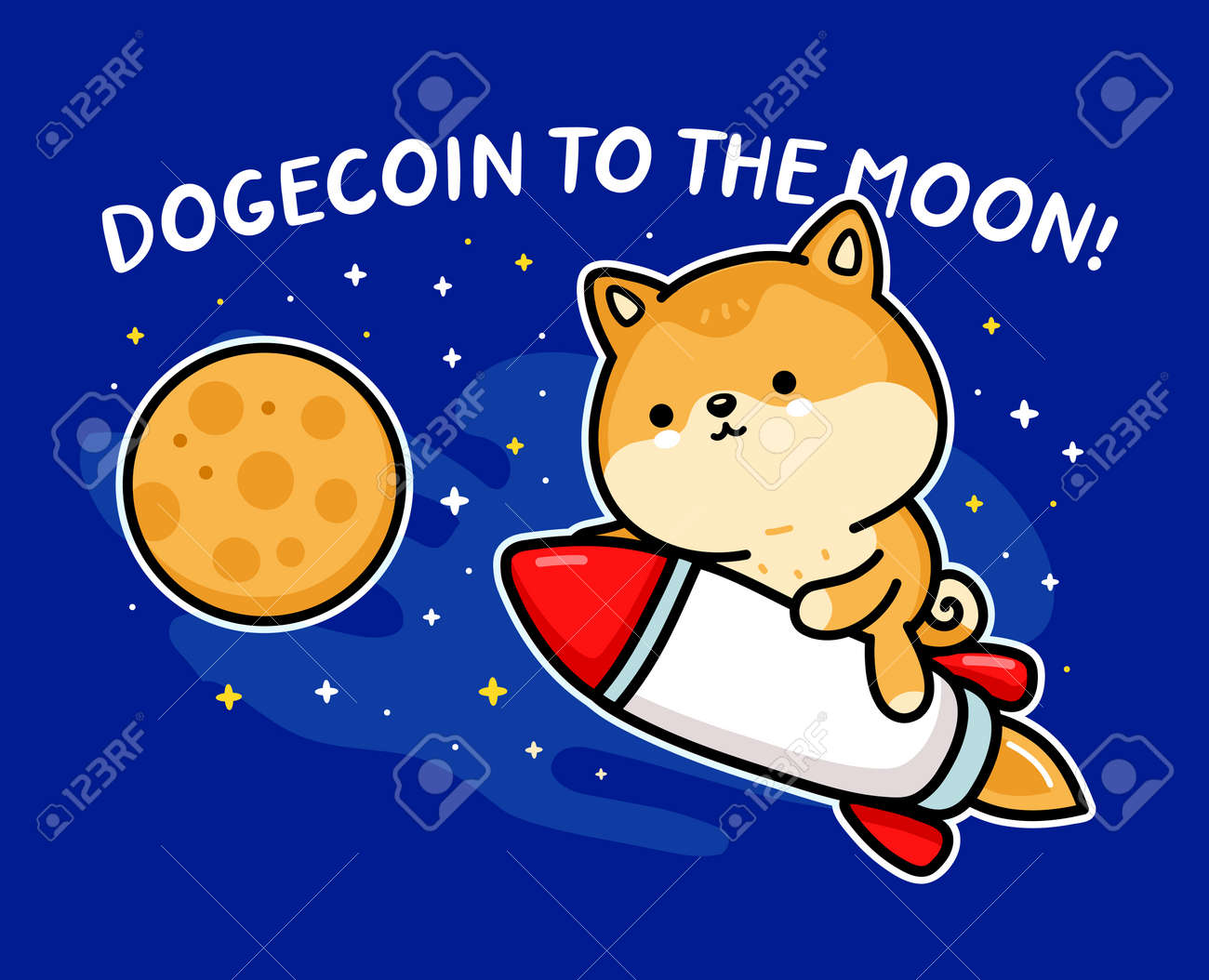 귀엽고 재미있는 아키타 이누 개 도지코인 캐릭터가 로켓을 타고 달로 날아갑니다. 달 슬로건 벡터 손으로 그린 만화 카와이 캐릭터  일러스트에 대한 도지코인. 총독 동전, 로켓 업 만화 캐릭터 컨셉 로열티 무료 사진,
