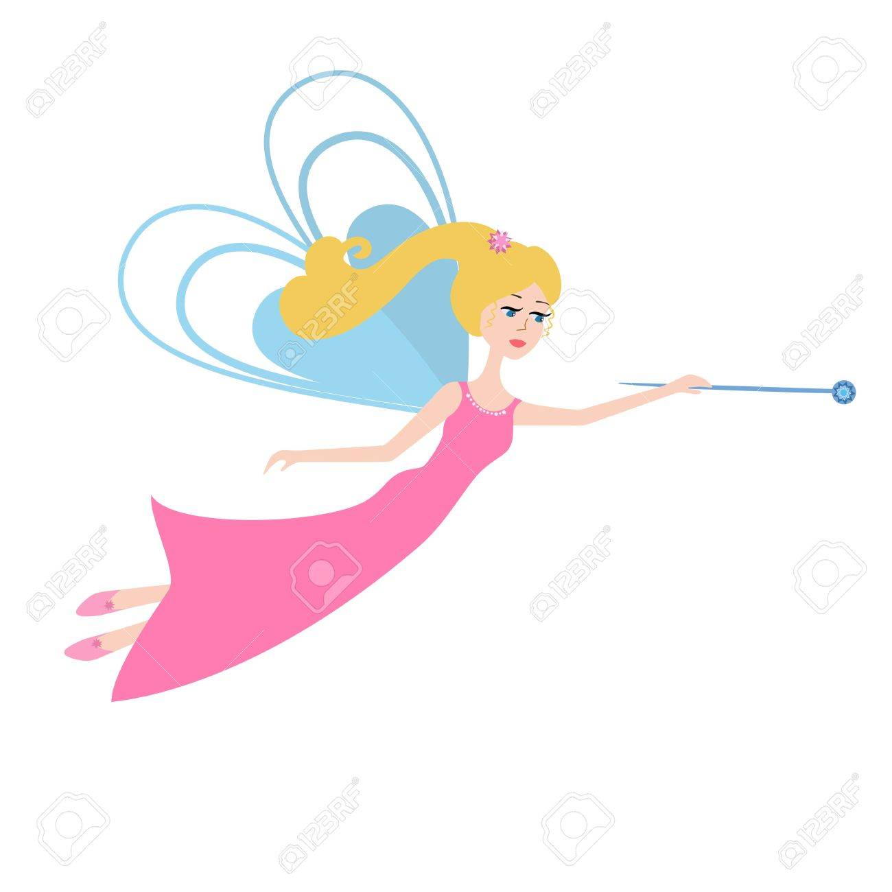 空飛ぶ魔法の杖を持つ妖精 漫画の妖精は 白い背景で隔離 のイラスト素材 ベクタ Image