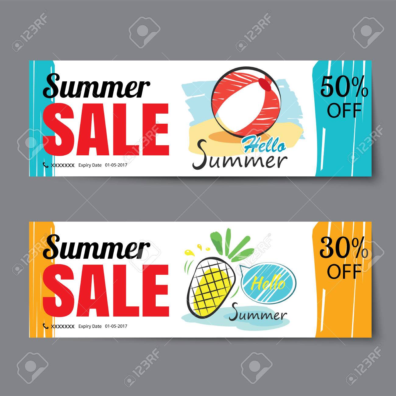 夏販売伝票テンプレート 割引クーポン バナー手描きフラット デザインのイラスト素材 ベクタ Image