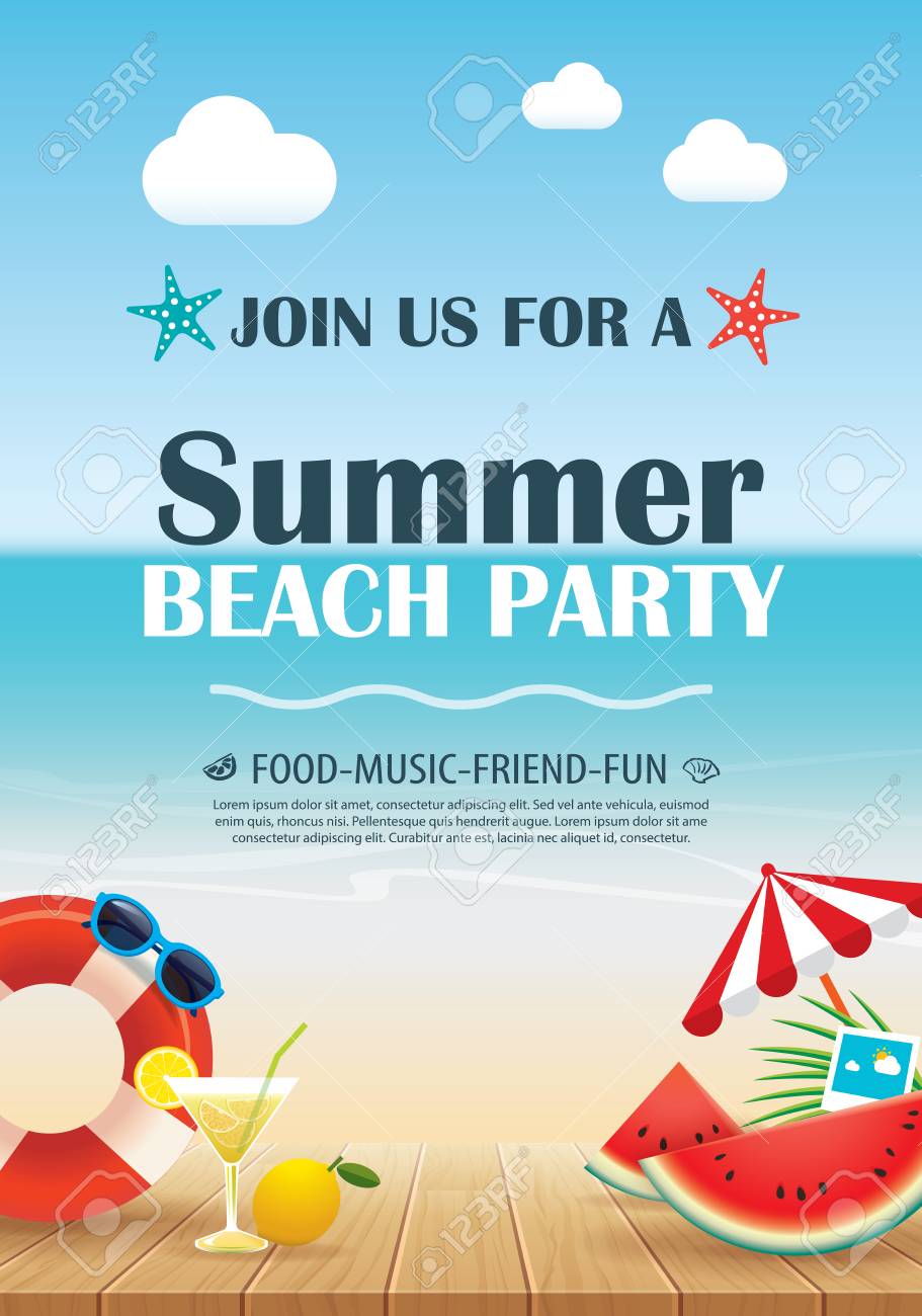 Beach Party Invitation Poster With Vacation Element Wooden And
