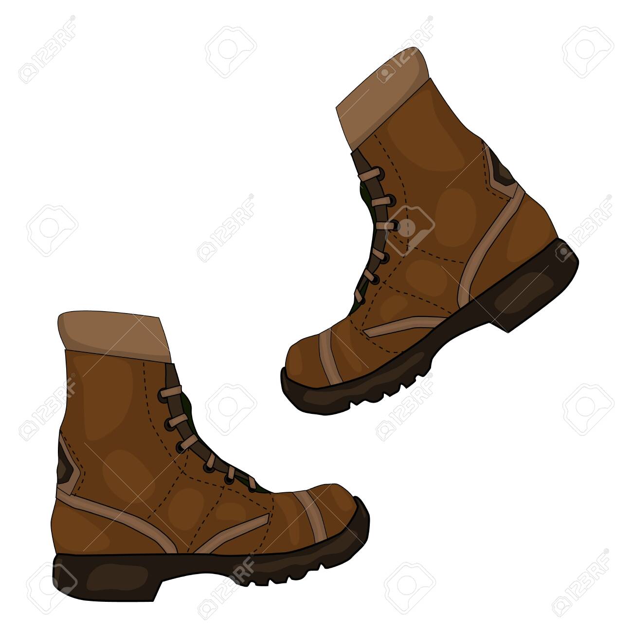 Pair of brown leather shoes isolated on white background. Camping work boots from brown leather, casual walk footwear shoe pair. Hiking boots design element. Khaki boot icon. Stock vector illustration - 146507429 Pair of brown leather shoes isolated on white background. Camping work boots from brown leather, casual walk footwear shoe pair. Hiking boots design element. Khaki boot icon. Stock vector illustration - 146507429