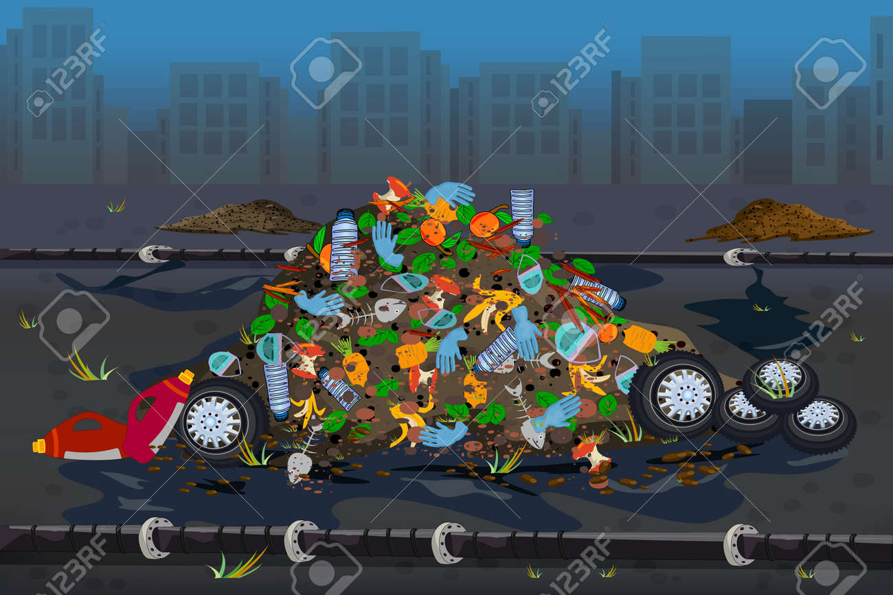 市の埋め立て地。環境汚染問題の概念。ごみとプラスチックごみの山で都市ダンプ。都市のゴミ捨て場。背景に町の建物がある廃品置き場。株式ベクトルイラストのイラスト素材・ベクター  Image 172717689