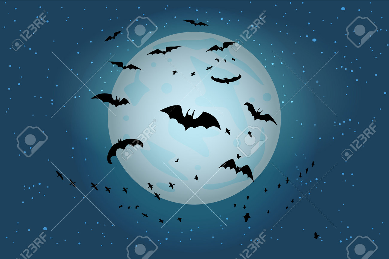 Spooky Black Bats Group On Fullmoon Background. Halloween Night Starry Sky  With Silhouettes Of Flying Bats Flock Over Moon. Halloween Moon. Bats In  The Moonlight. Stock Vector Illustration Клипарты, SVG, векторы, и
