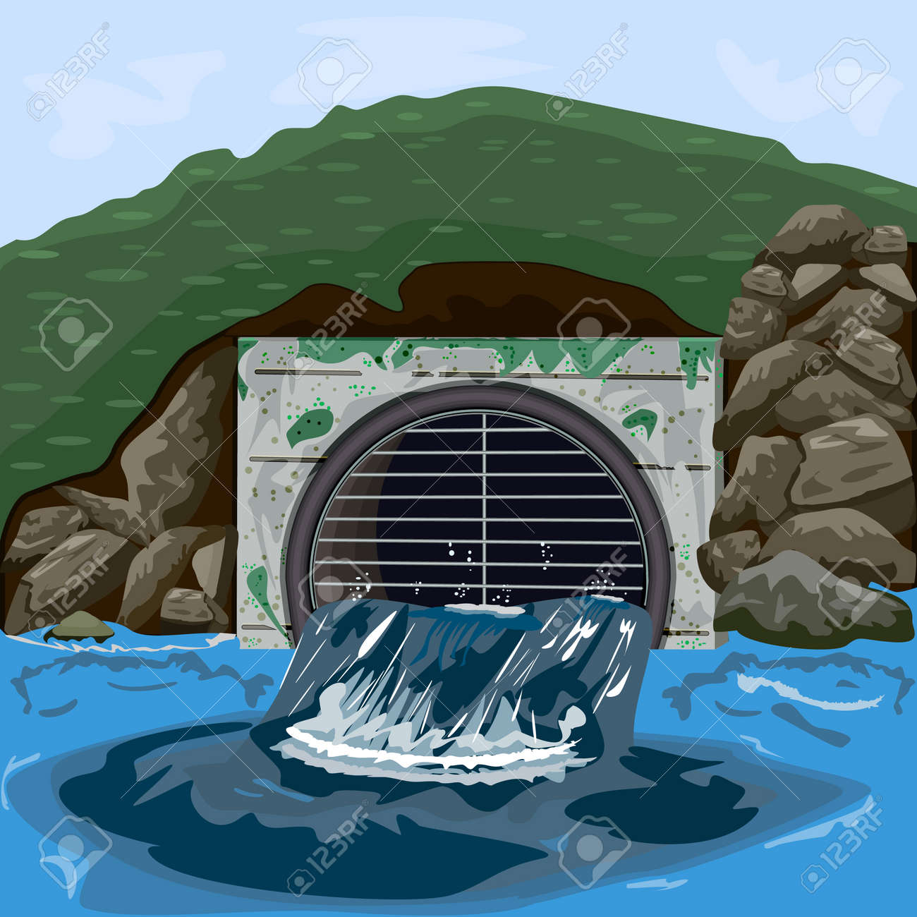 廃水でパイプします。工業用パイプは、汚れた水を池、湖、または川に排出します。海岸の金属パイプは有毒な廃棄物を海に放出します。海に注ぐ管からの汚れた廃水排出。株式ベクトルイラストのイラスト素材・ベクター  Image 184233143