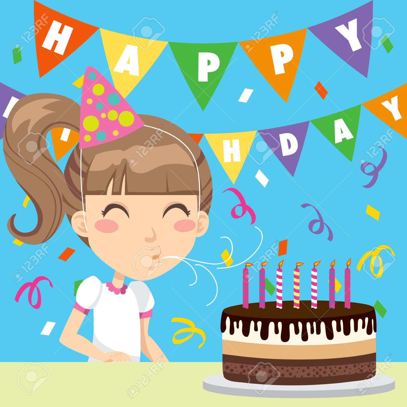 Happy Girl Celebrating His Seventh Birthday Blowing The Candles Royalty Free Cliparts Vectors And Stock Illustration Image