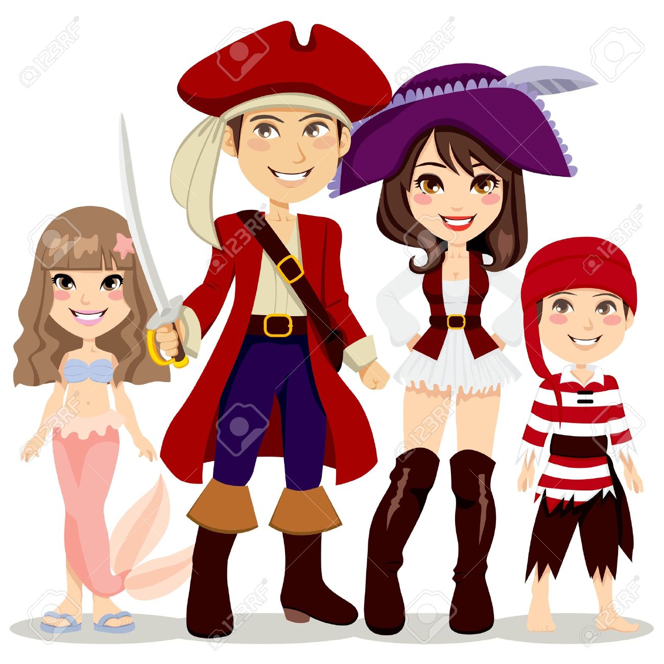 4 人家族を祝うハロウィーンの休日のパーティ海賊と人魚の衣装でのイラスト素材 ベクタ Image