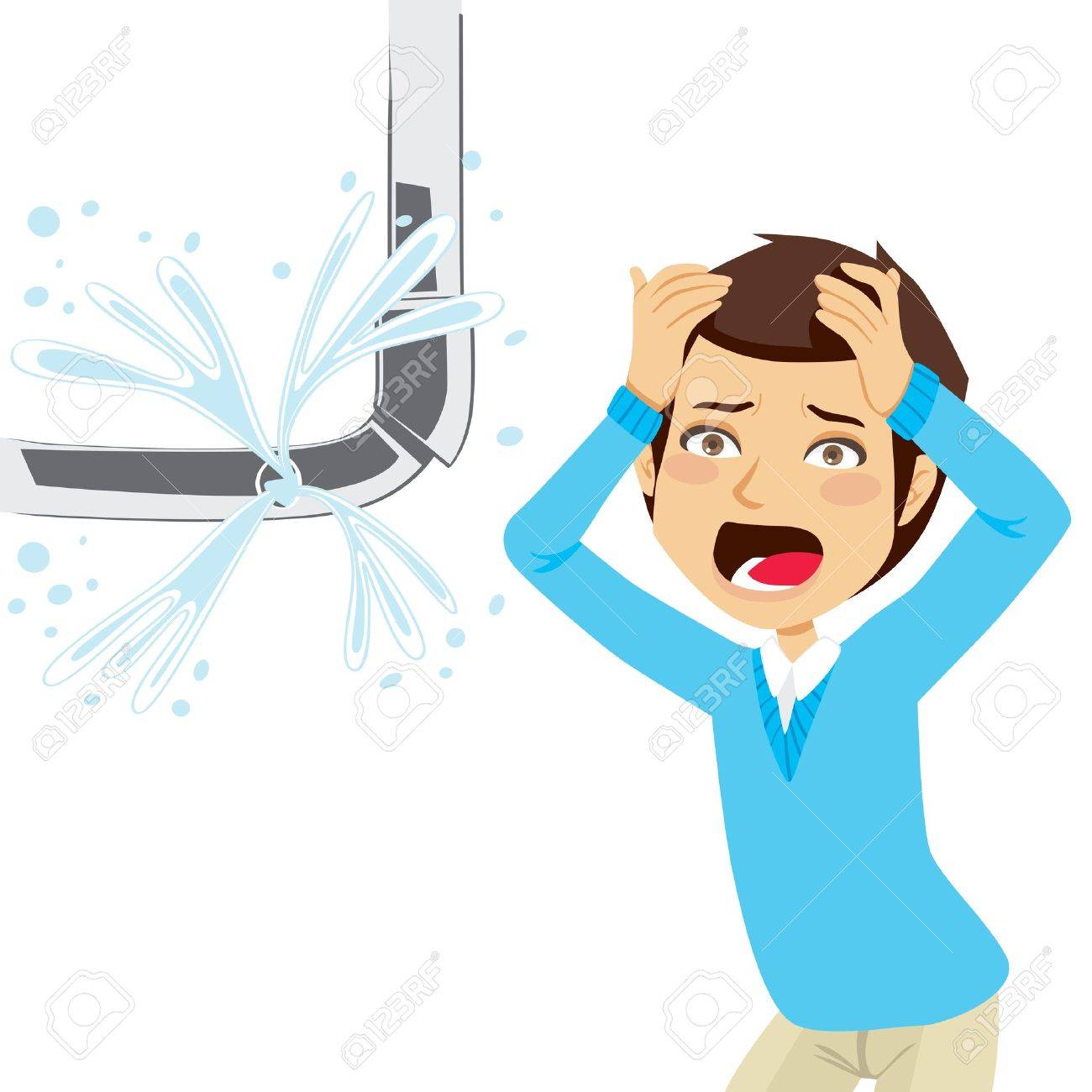 絶望的なバースト パイプの水漏れを探して男 のイラスト素材 ベクタ Image
