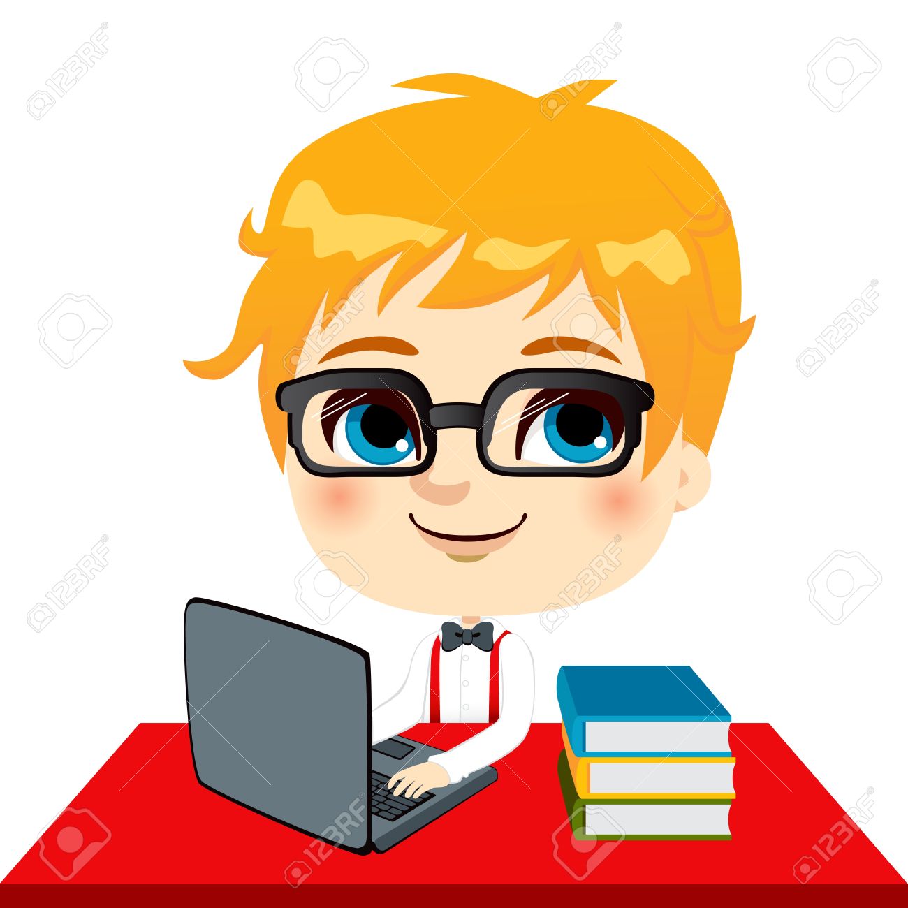 ノート パソコンや机の上の本と宿題をしてオタク子供学生のイラスト素材 ベクタ Image