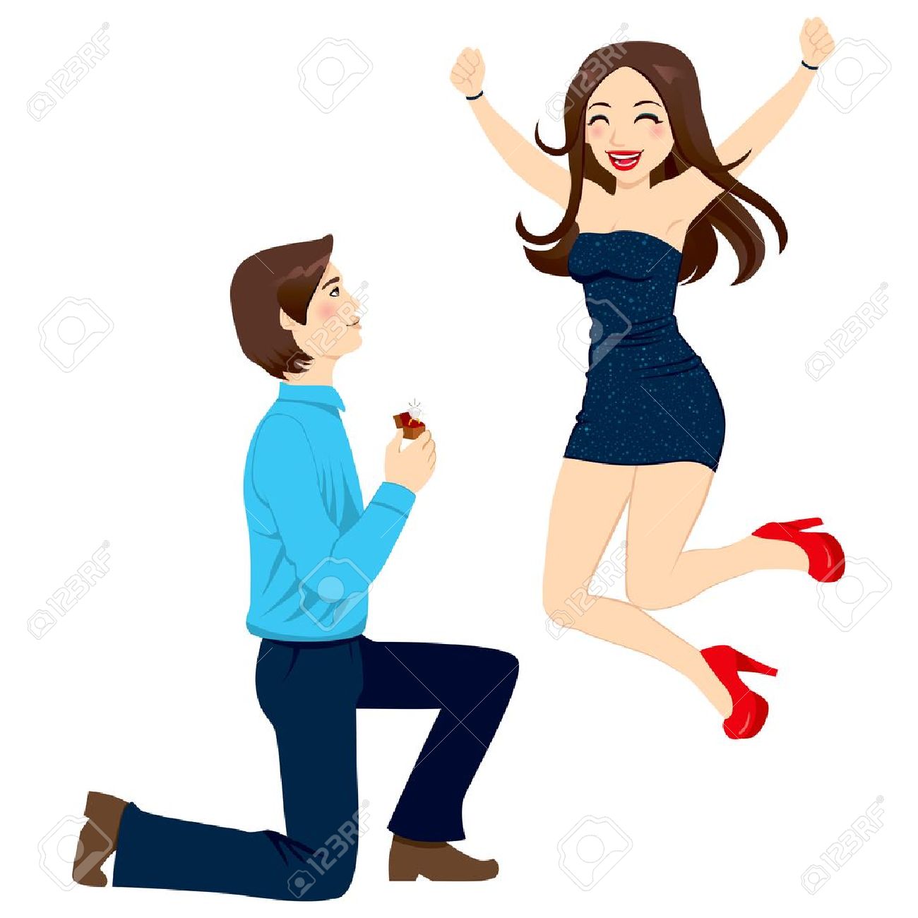 Handsome man proposing marriage to beautiful woman jumping happy in excitement with joy and energy - 16829628 Handsome man proposing marriage to beautiful woman jumping happy in excitement with joy and energy - 16829628
