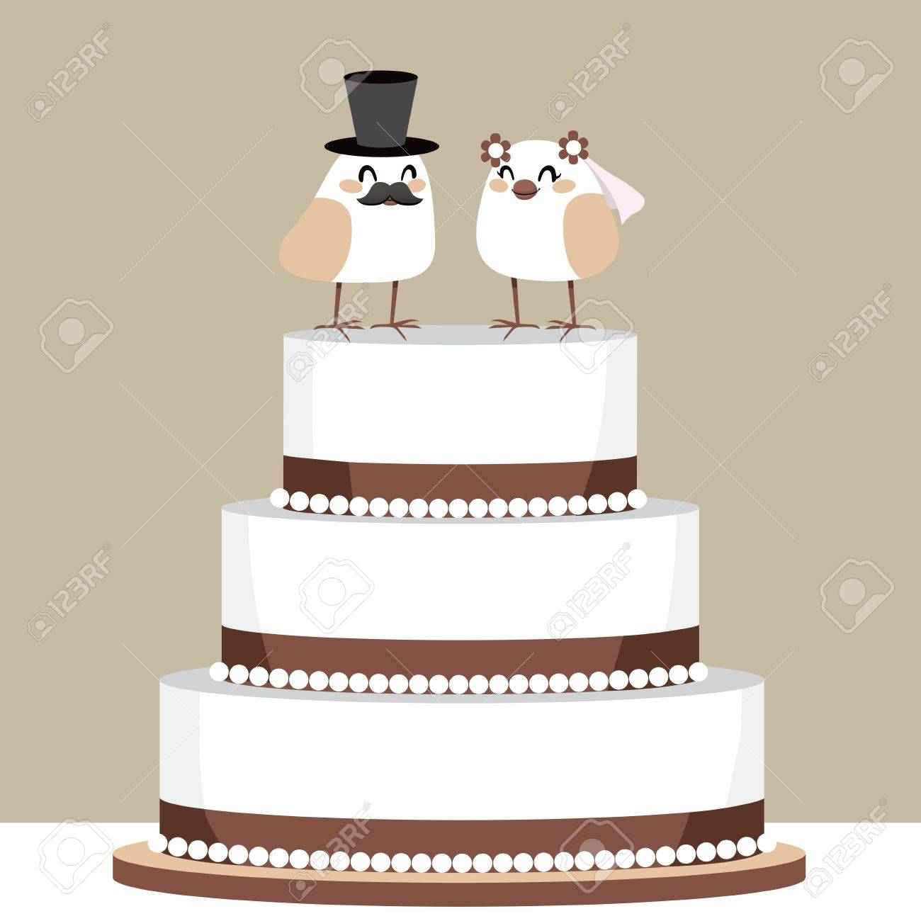 Beau Gateau De Mariage Classique Avec Quelques Oiseaux Mignons Aiment Couple En Haut Clip Art Libres De Droits Vecteurs Et Illustration Image