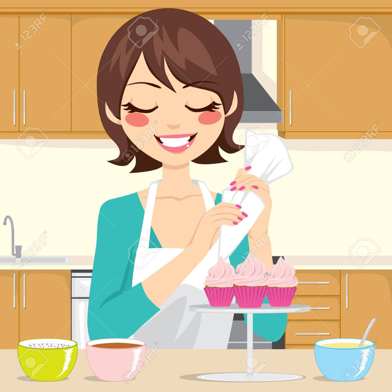 Woman Decorating Cupcakes cute woman with apron decorating cupcakes with strawberry cream Woman Decorating Cupcakes cute woman with apron decorating cupcakes with strawberry cream