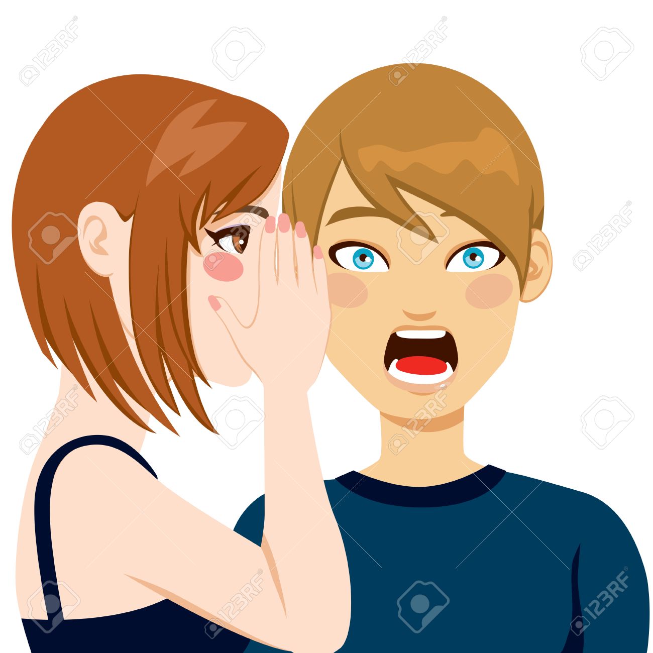 衝撃的な彼の耳に秘密を告げる女性がニュースを聞いた後驚いた表情を作る男 のイラスト素材 ベクタ Image