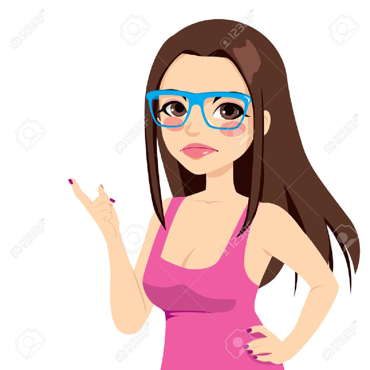 美しいブルネットの女性の腰に手で不機嫌そうな表現を作ると揺れ指している指のイラストのイラスト素材 ベクタ Image