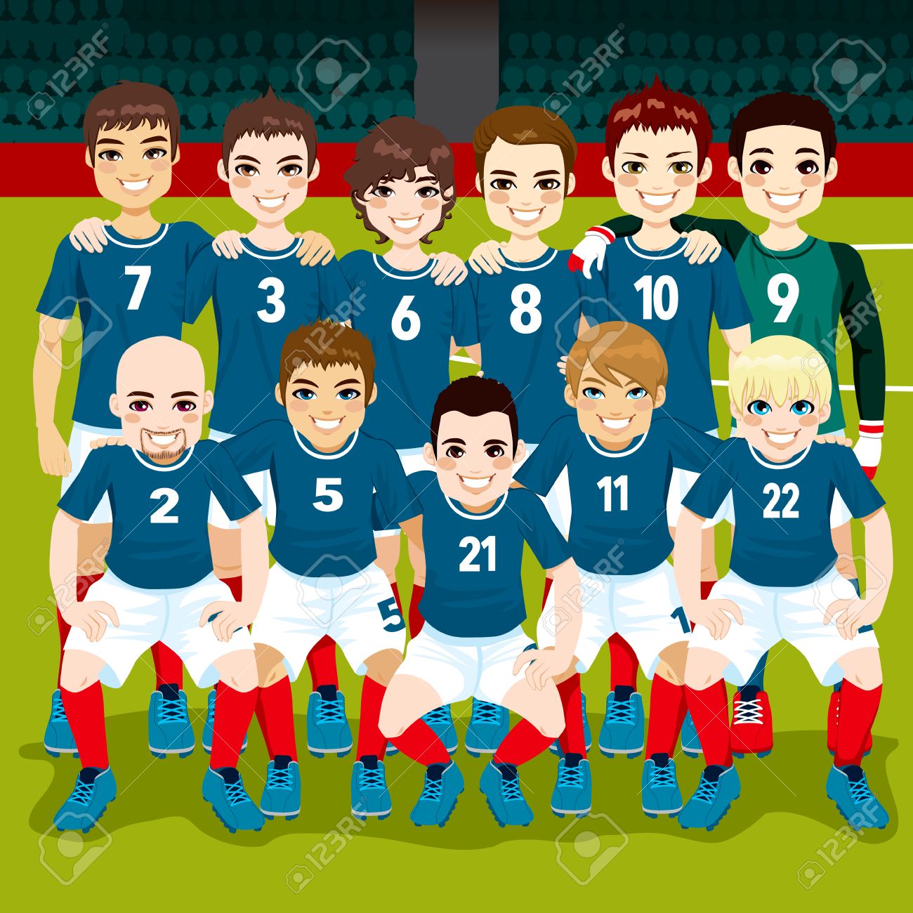 完全のサッカー チームのサッカーのフィールドでプレーする準備ができてポーズ のイラスト素材 ベクタ Image 完全のサッカー チームのサッカーのフィールドでプレーする準備ができてポーズ のイラスト素材 ベクタ Image