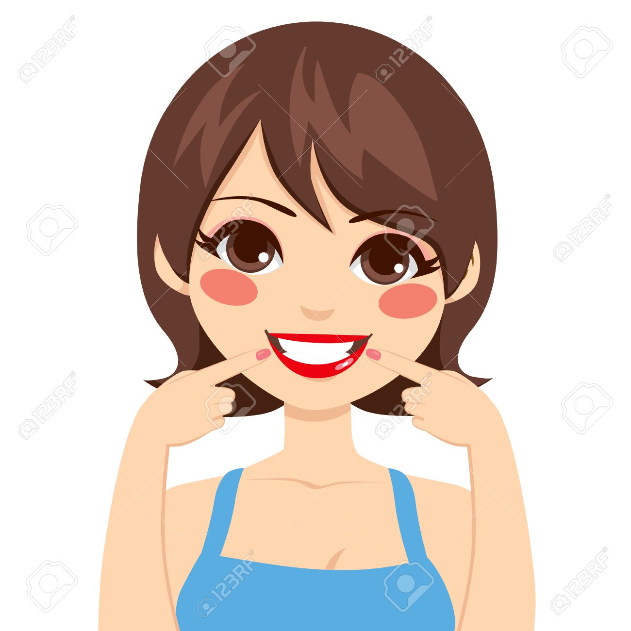 Beautiful Brunette Happy Woman Smiling Showing Her Pretty White Smile Pointing Fingers At Mouth Royalty Free Cliparts Vectors And Stock Illustration Image
