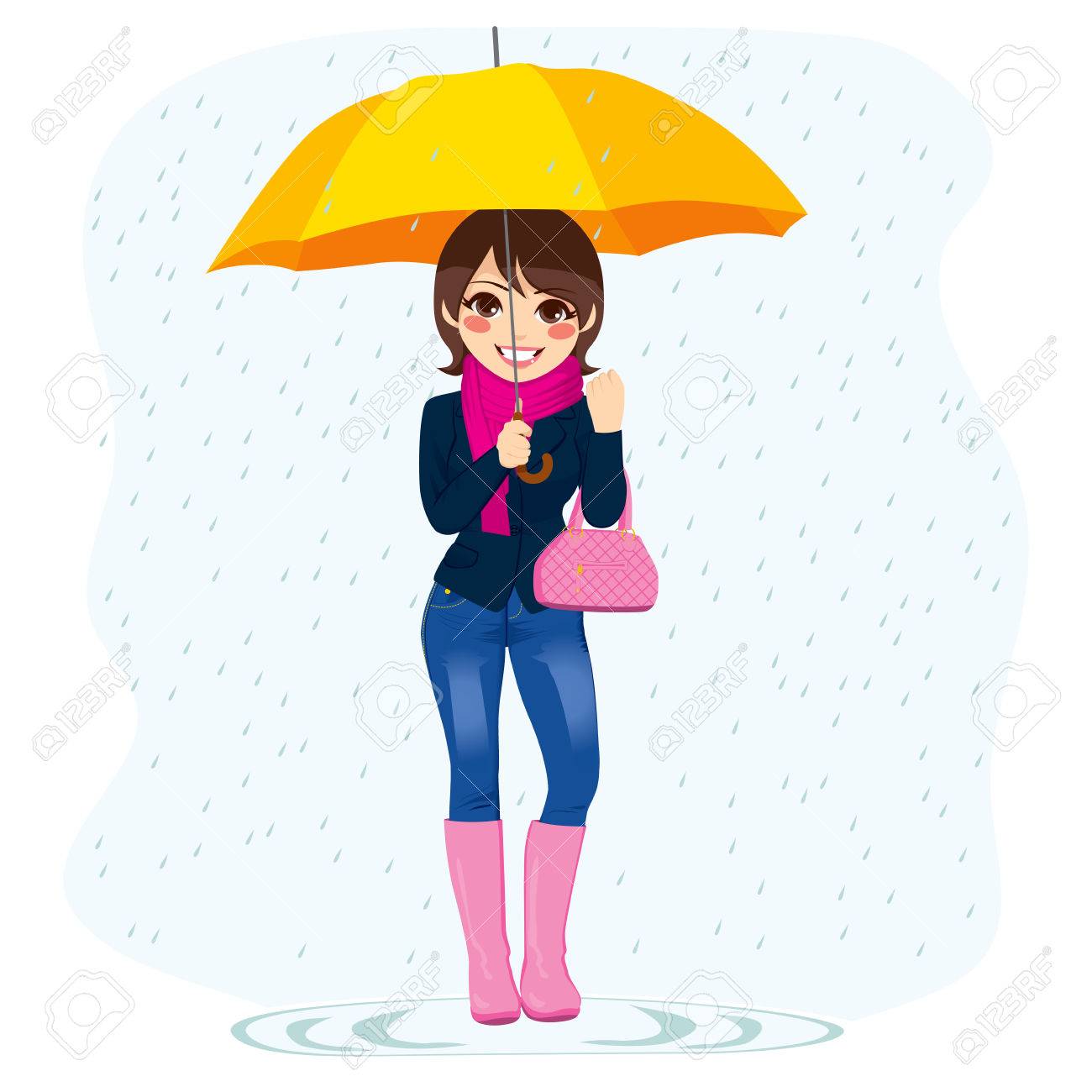 Ilustración De La Joven Y Bella Mujer De Moda De Pie Bajo La Lluvia Que Sostiene El Paraguas Amarillo Ilustraciones Vectoriales Clip Art Vectorizado Libre De Derechos Image 26168592