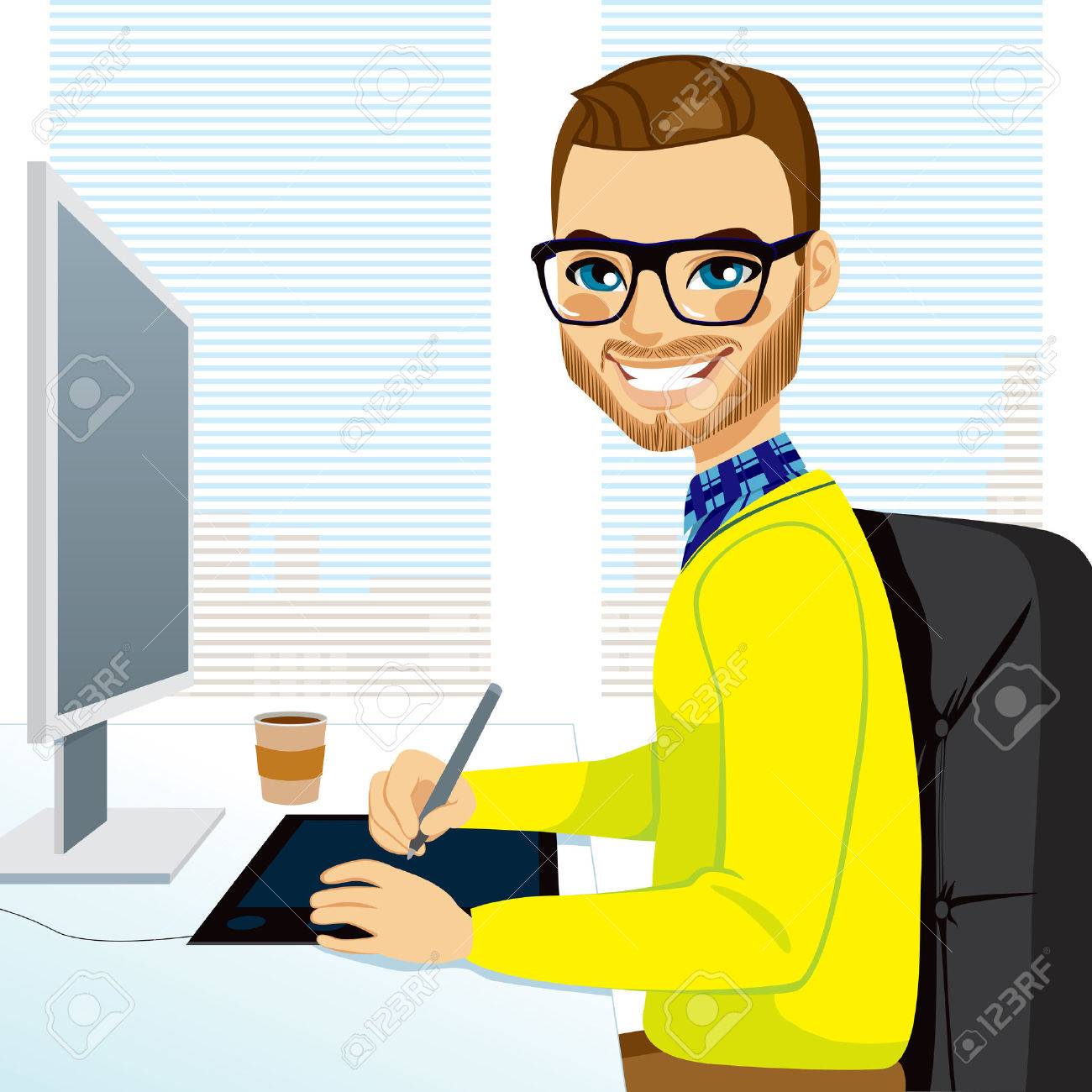 Happy hipster fashion style graphic designer man working with tablet in front of computer screen - 26550336 Happy hipster fashion style graphic designer man working with tablet in front of computer screen - 26550336
