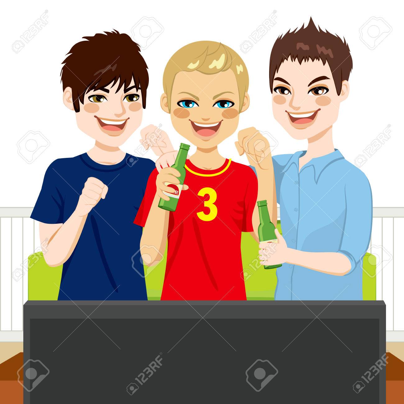 一緒にテレビでスポーツの試合を見ている 3 人の若い友人のイラスト素材 ベクタ Image 一緒にテレビでスポーツの試合を見ている 3 人の若い友人のイラスト素材 ベクタ Image