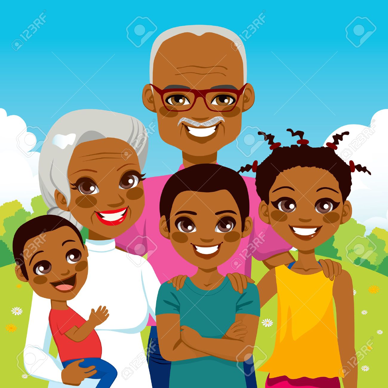 かわいいアフリカ系アメリカ人の祖父母と孫家族公園にこにこ幸せ一緒に のイラスト素材 ベクタ Image