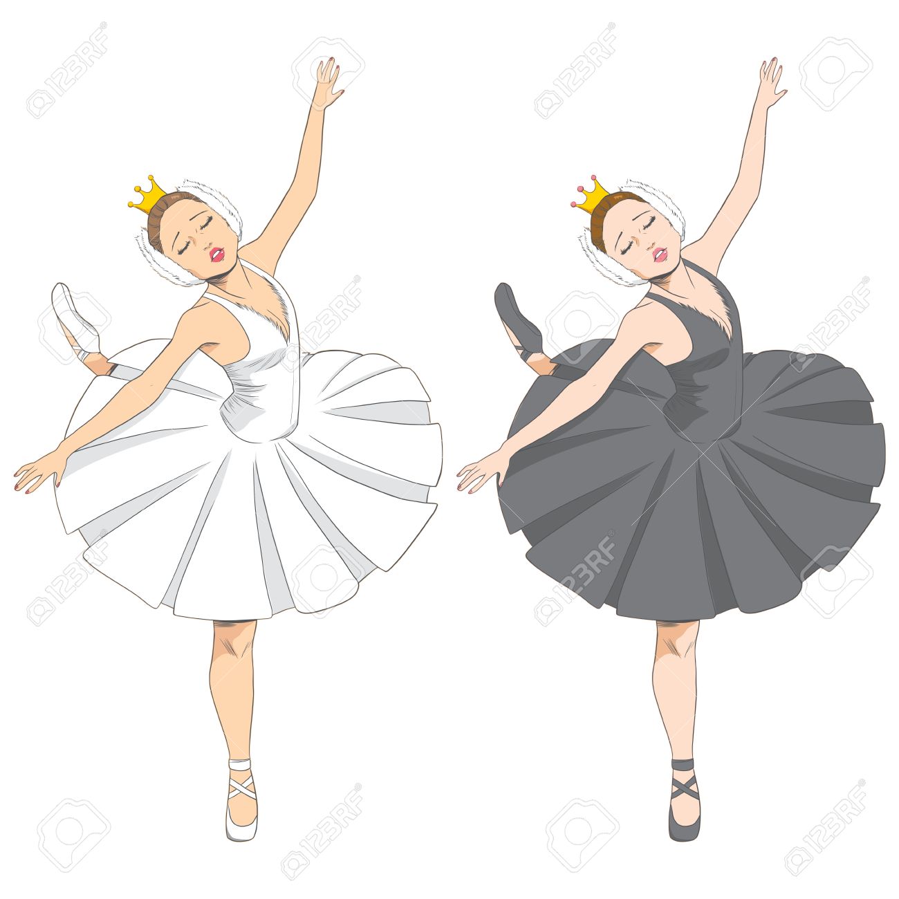 2 つの黒と白のバージョンで美しいエレガントな白鳥湖のバレエ ダンサーのライン図 のイラスト素材 ベクタ Image