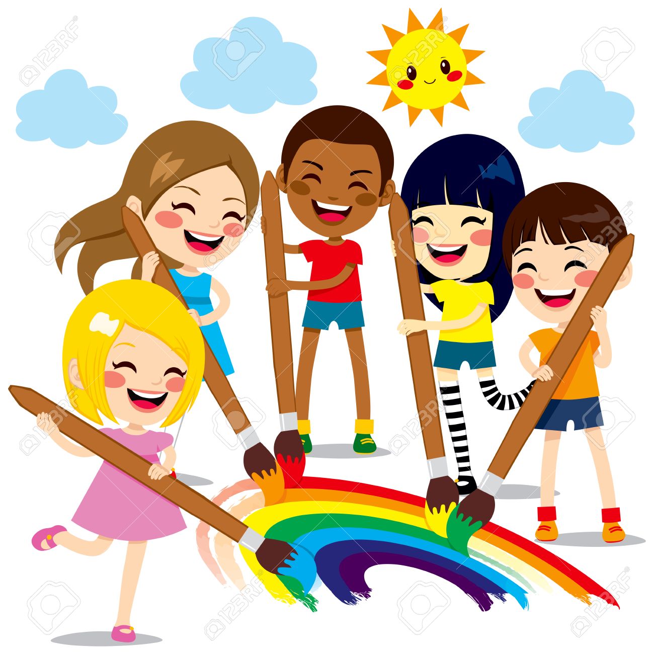 five cute little kids painting together a beautiful colorful rainbow with paint colors and brushes stock - Kids Pictures To Paint five cute little kids painting together a beautiful colorful rainbow with paint colors and brushes stock - Kids Pictures To Paint