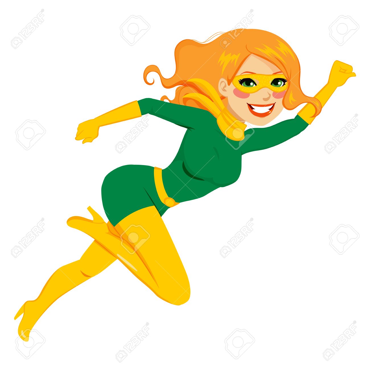 Rote Behaarte Superheld Madchen Springen In Den Grunen Und Goldenen Kostum Mit Maske Lizenzfrei Nutzbare Vektorgrafiken Clip Arts Illustrationen Image 32363738