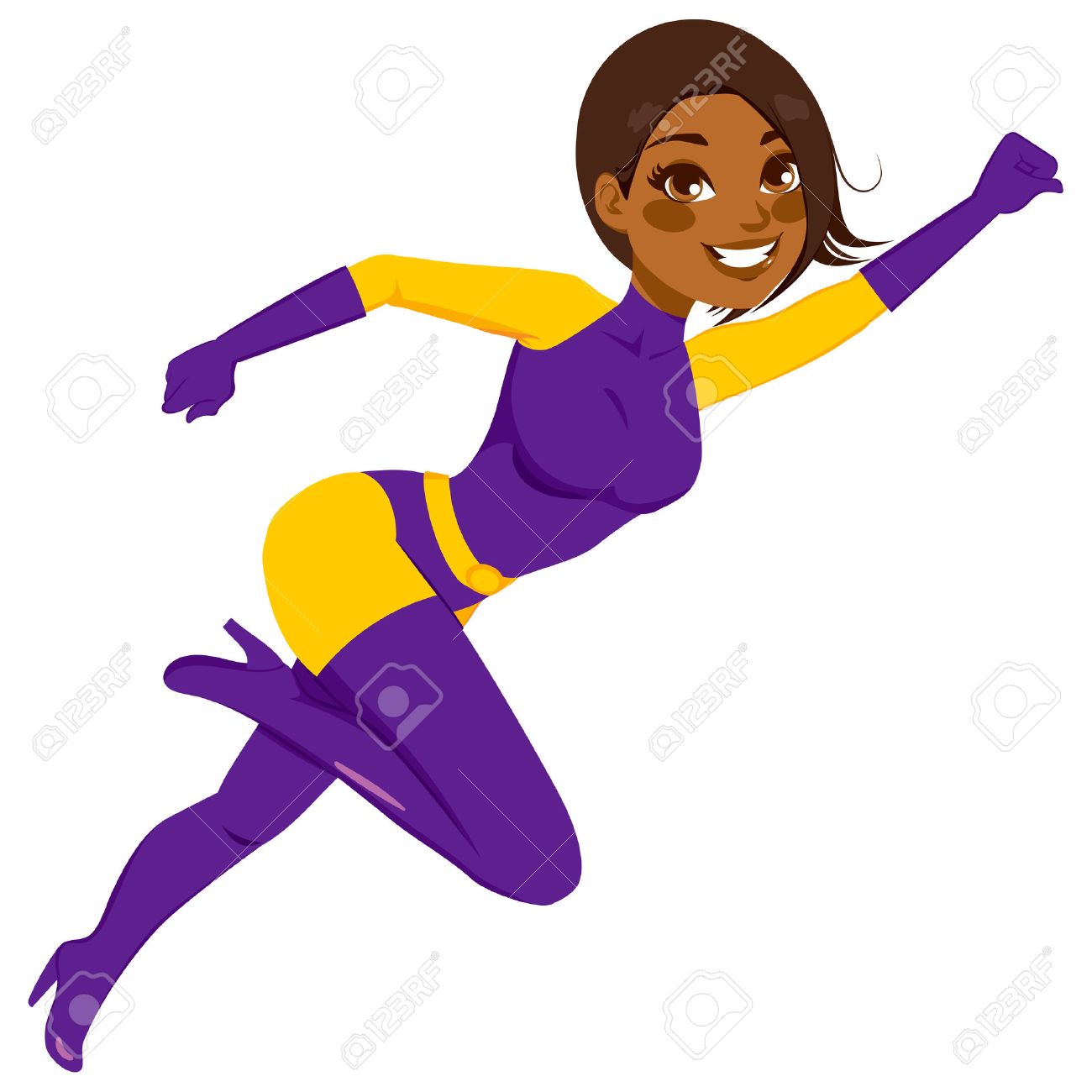 African American Super Hero Woman Fighter Jumping Or Flying Fast In Purple Costume Royalty Free Cliparts Vectors And Stock Illustration Image