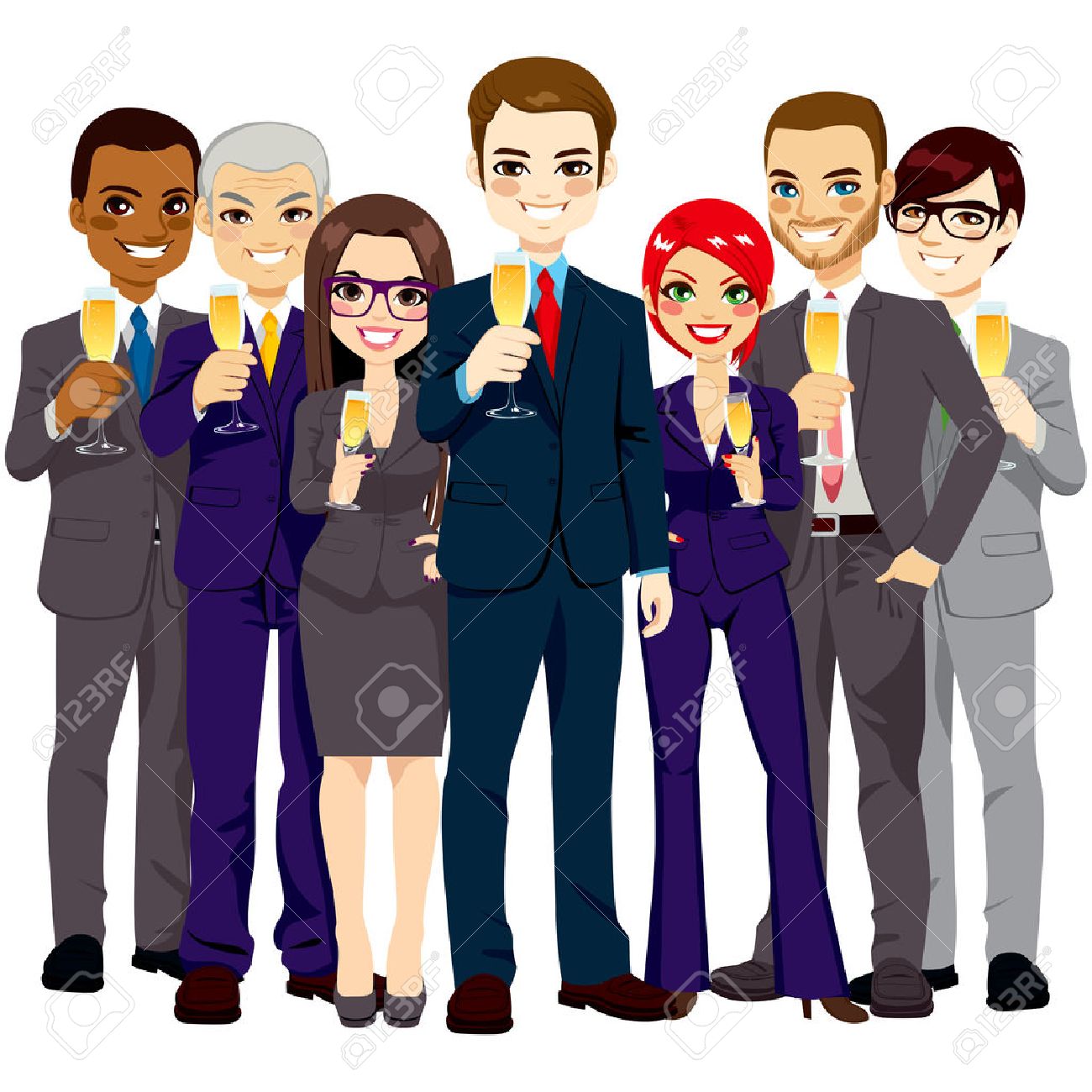 7 つの成功と自信を持ってビジネスの男性と女性のチームに立ってシャンパン グラスが乾杯に笑みを浮かべてのイラスト素材 ベクタ Image