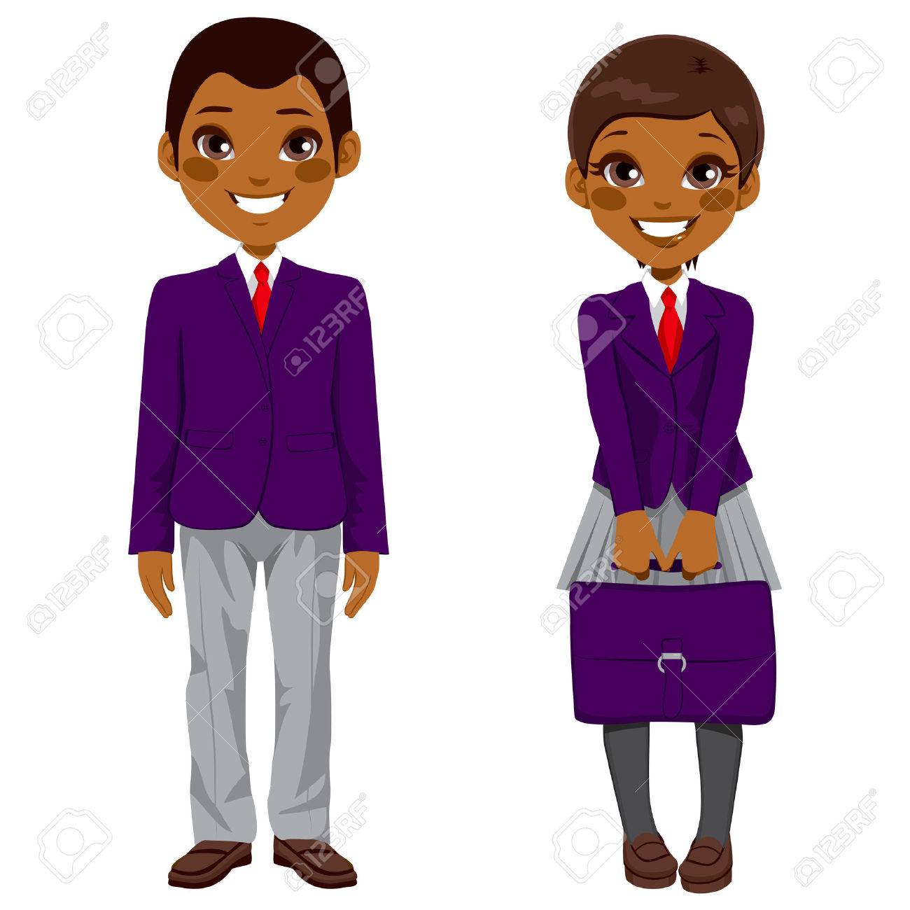2 つのかわいいアフリカ系アメリカ人十代学生制服と一緒に立っているとスーツケースを保持のイラスト素材 ベクタ Image
