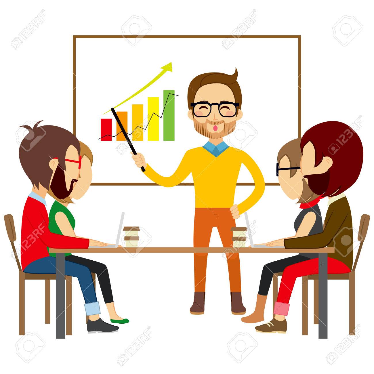 People attending coworking collaboration meeting where speaker explains infographic chart data - 40977370 People attending coworking collaboration meeting where speaker explains infographic chart data - 40977370