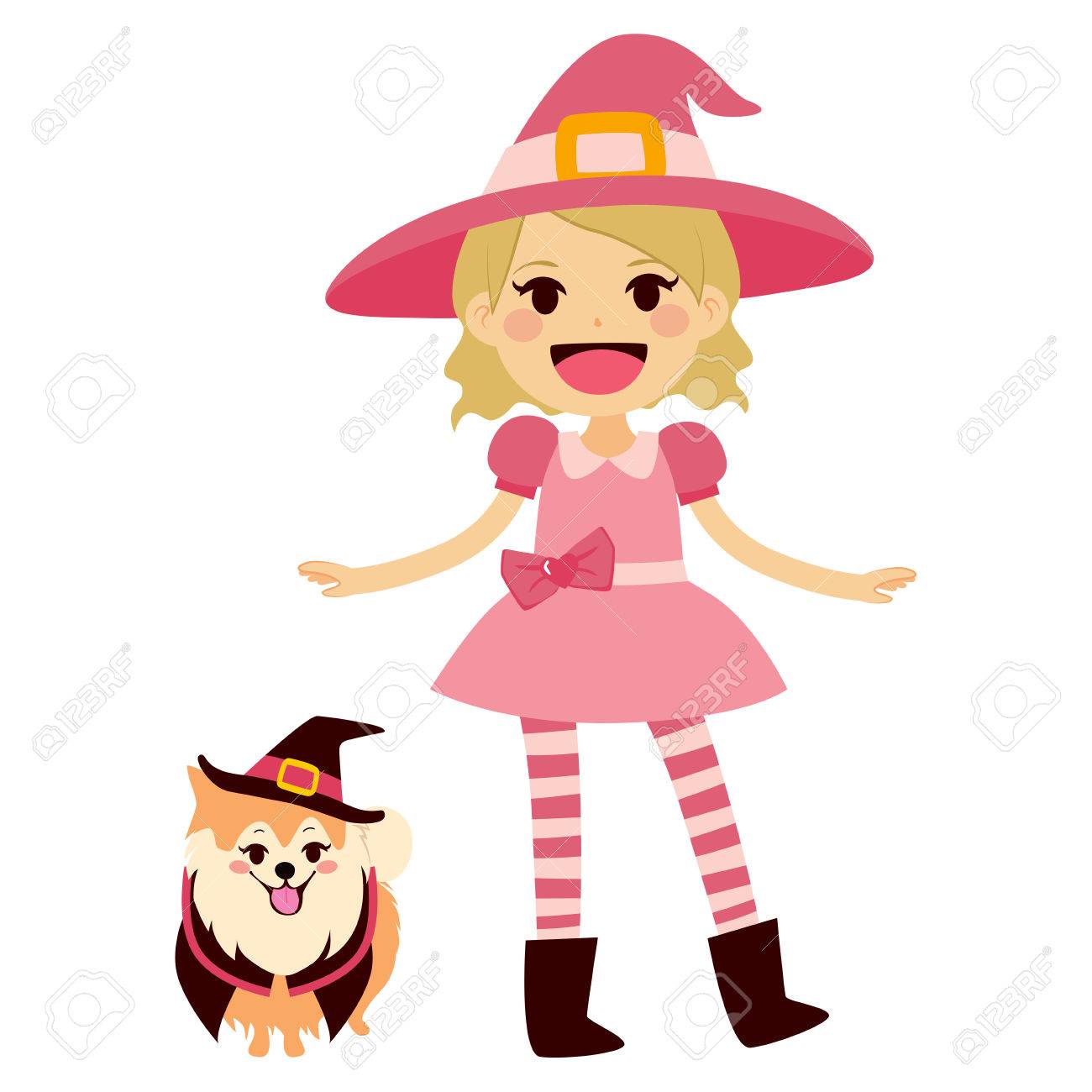 ウィッチ ハットとケープのマスコット犬とピンク魔女ハロウィーンの衣装を着てかわいい女の子 のイラスト素材 ベクタ Image