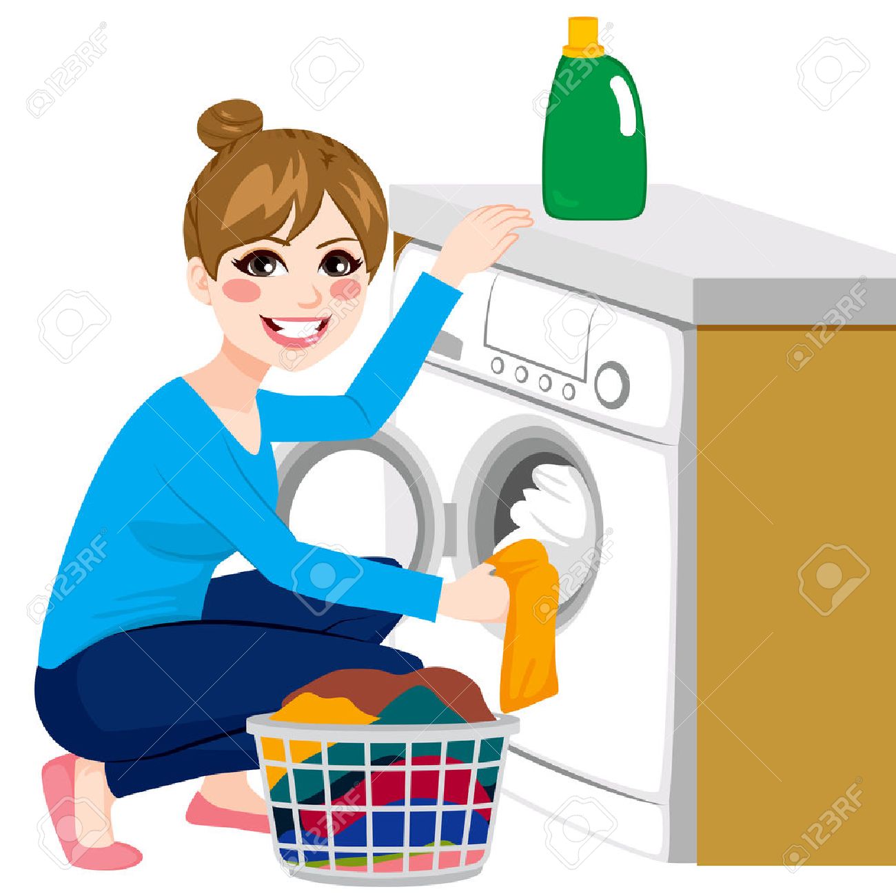 Beautiful Young Woman Doing Laundry Putting Dirty Clothes On Washing Machine From Basket Beautiful Young Woman Doing Laundry Putting Dirty Clothes On Washing Machine From Basket
