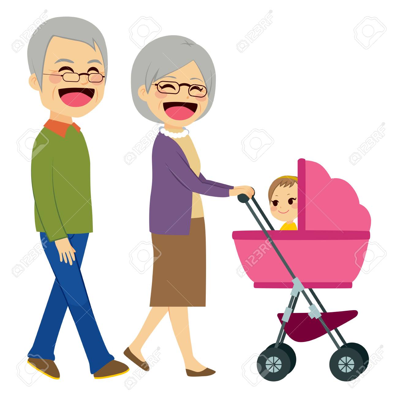 Les Grands Parents Heureux Mignon Poussant Poussette Avec Bebe Nouveau Ne Clip Art Libres De Droits Vecteurs Et Illustration Image