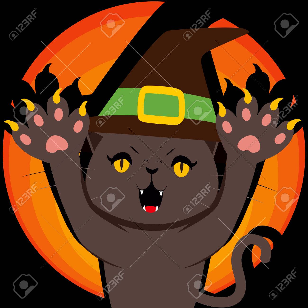 彼の爪と足を見せて威嚇するような黒魔女ハロウィン猫 のイラスト素材