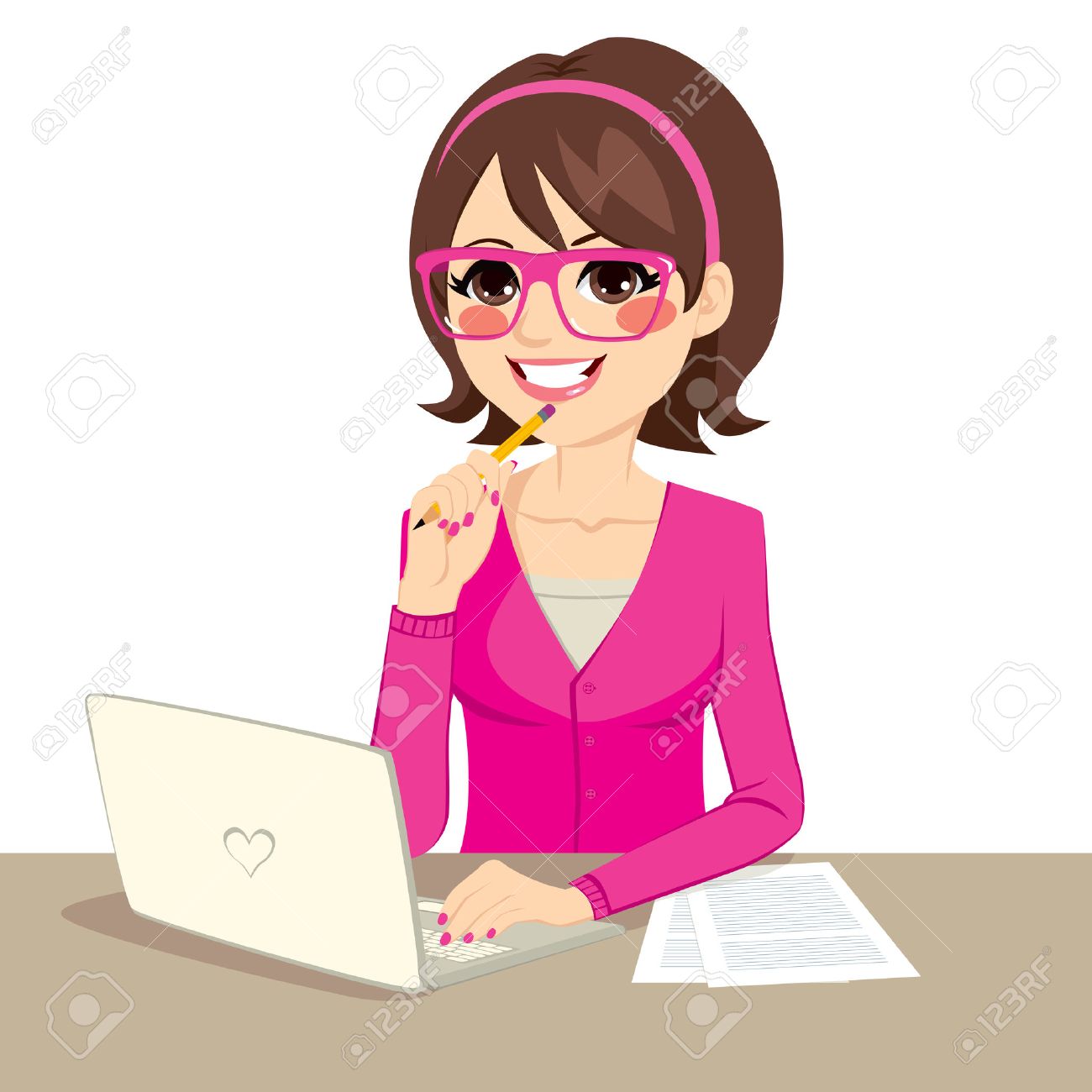 Cute young secretary wearing pink casual clothes and glasses typing on laptop and holding pencil on desk - 53256041 Cute young secretary wearing pink casual clothes and glasses typing on laptop and holding pencil on desk - 53256041