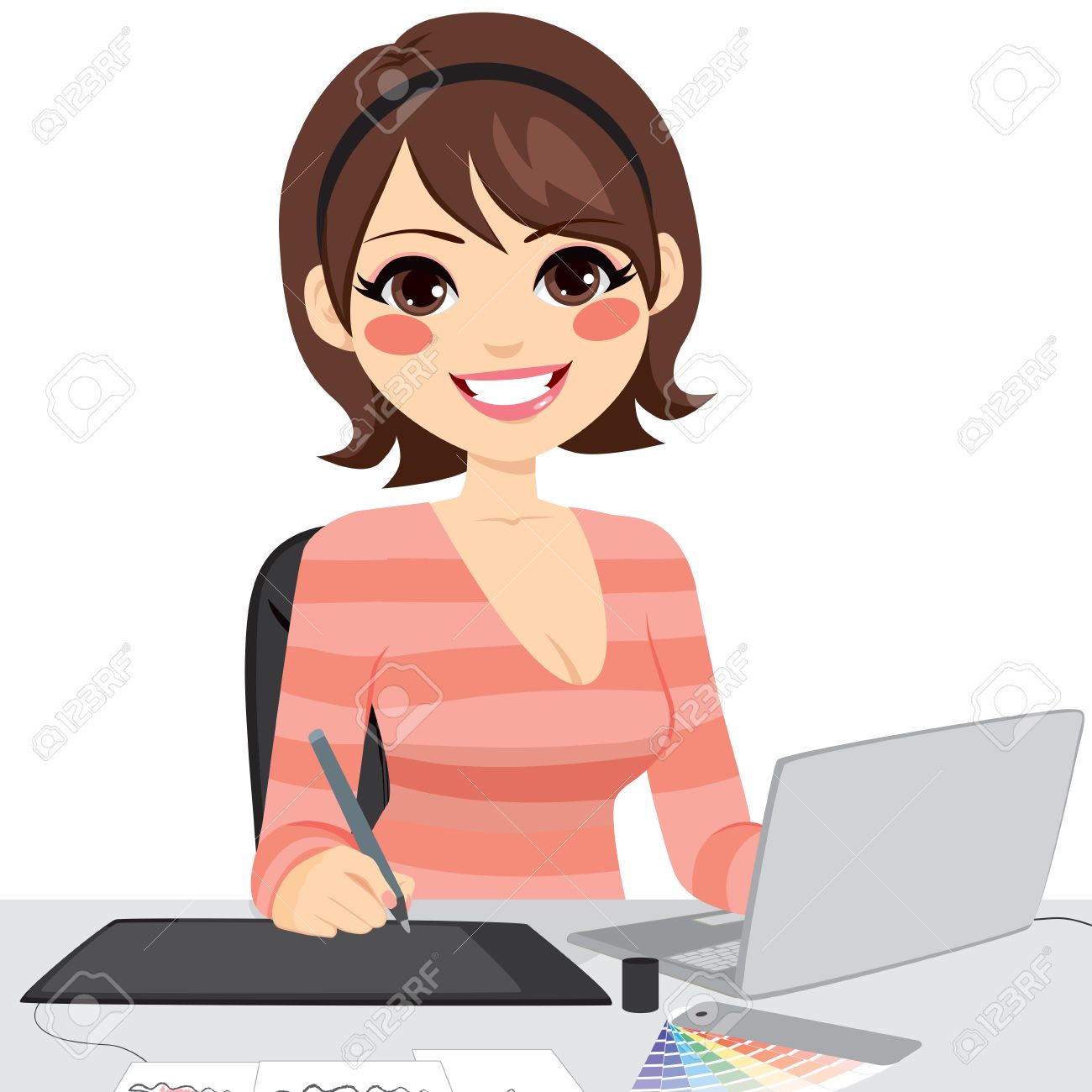 Beautiful female graphic designer working on laptop with graphic tabled and color chart - 53794125 Beautiful female graphic designer working on laptop with graphic tabled and color chart - 53794125