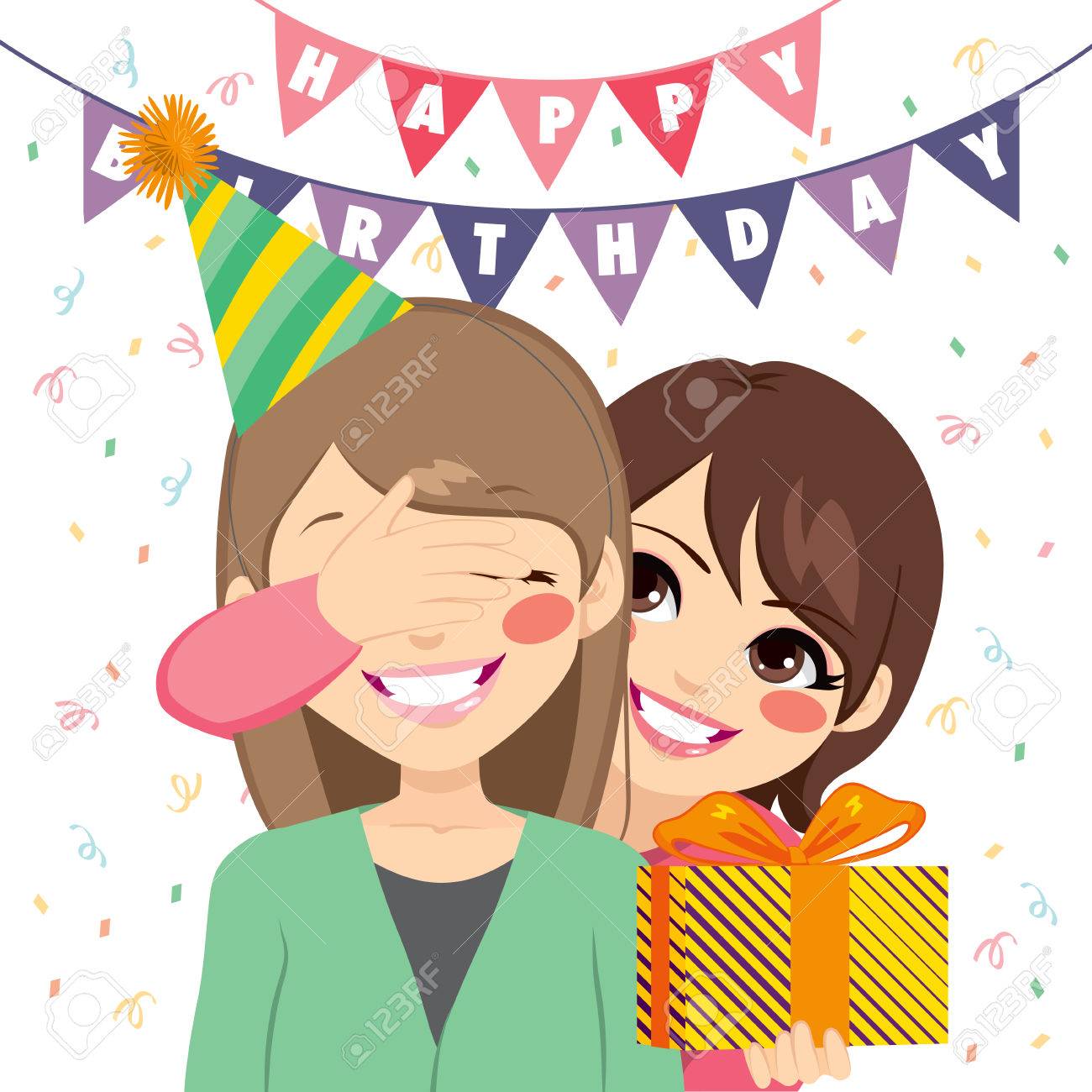 Heureuse Mere Couvrant Ses Yeux De Fille Et D Offrir Un Cadeau D Anniversaire Surprise A La Fete D Anniversaire Clip Art Libres De Droits Vecteurs Et Illustration Image