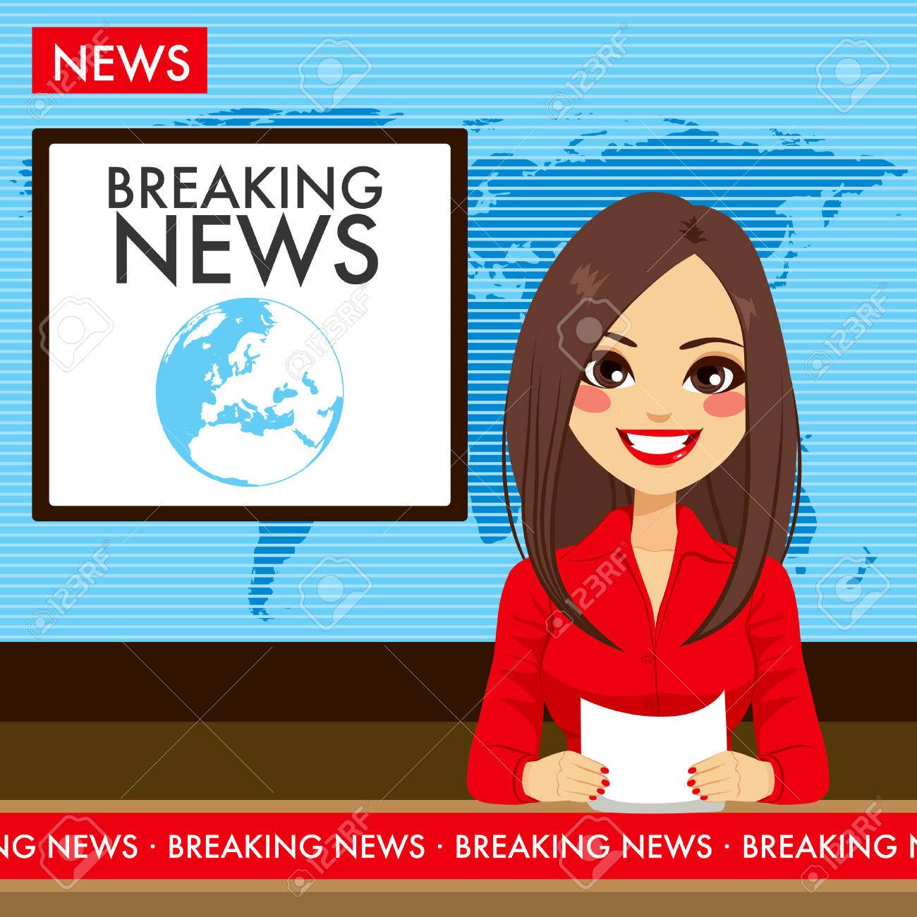 Beautiful Young Tv Newscaster Woman Reporting News Sitting In A Studio Stock Vector Beautiful Young Tv Newscaster Woman Reporting News Sitting In A Studio Stock Vector