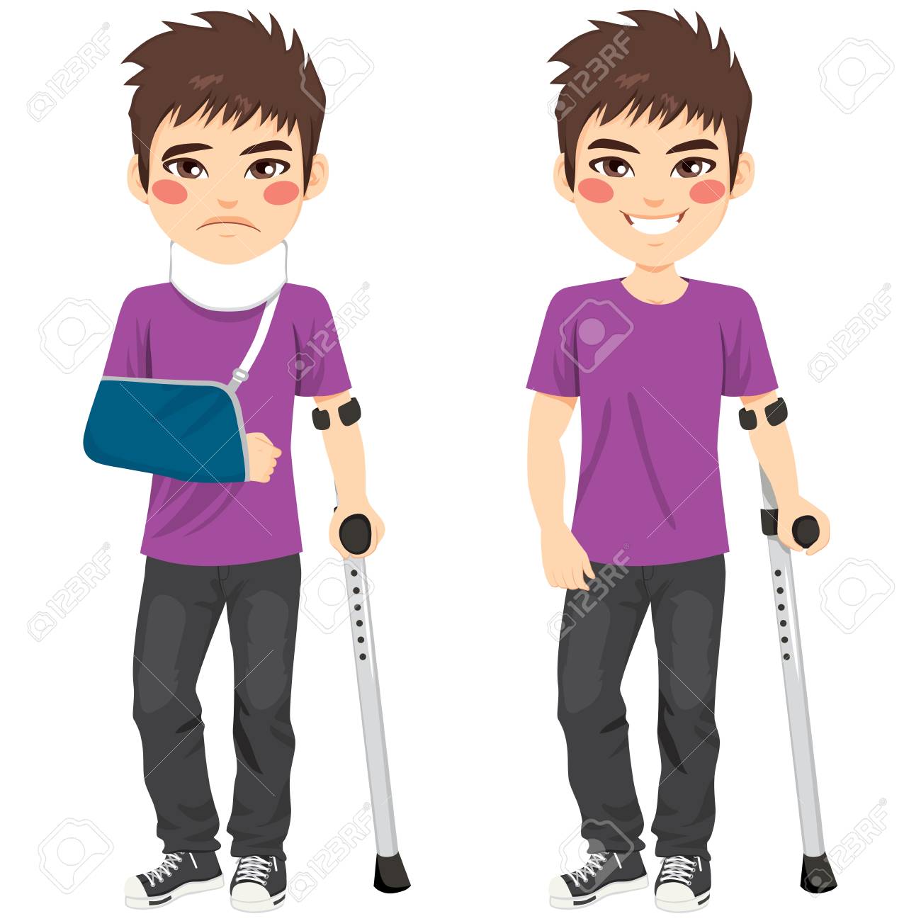 かわいいティーンエイ ジャーの男の子松葉杖で負傷し 包帯を腕のイラスト素材 ベクタ Image かわいいティーンエイ ジャーの男の子松葉杖で負傷し 包帯を腕のイラスト素材 ベクタ Image