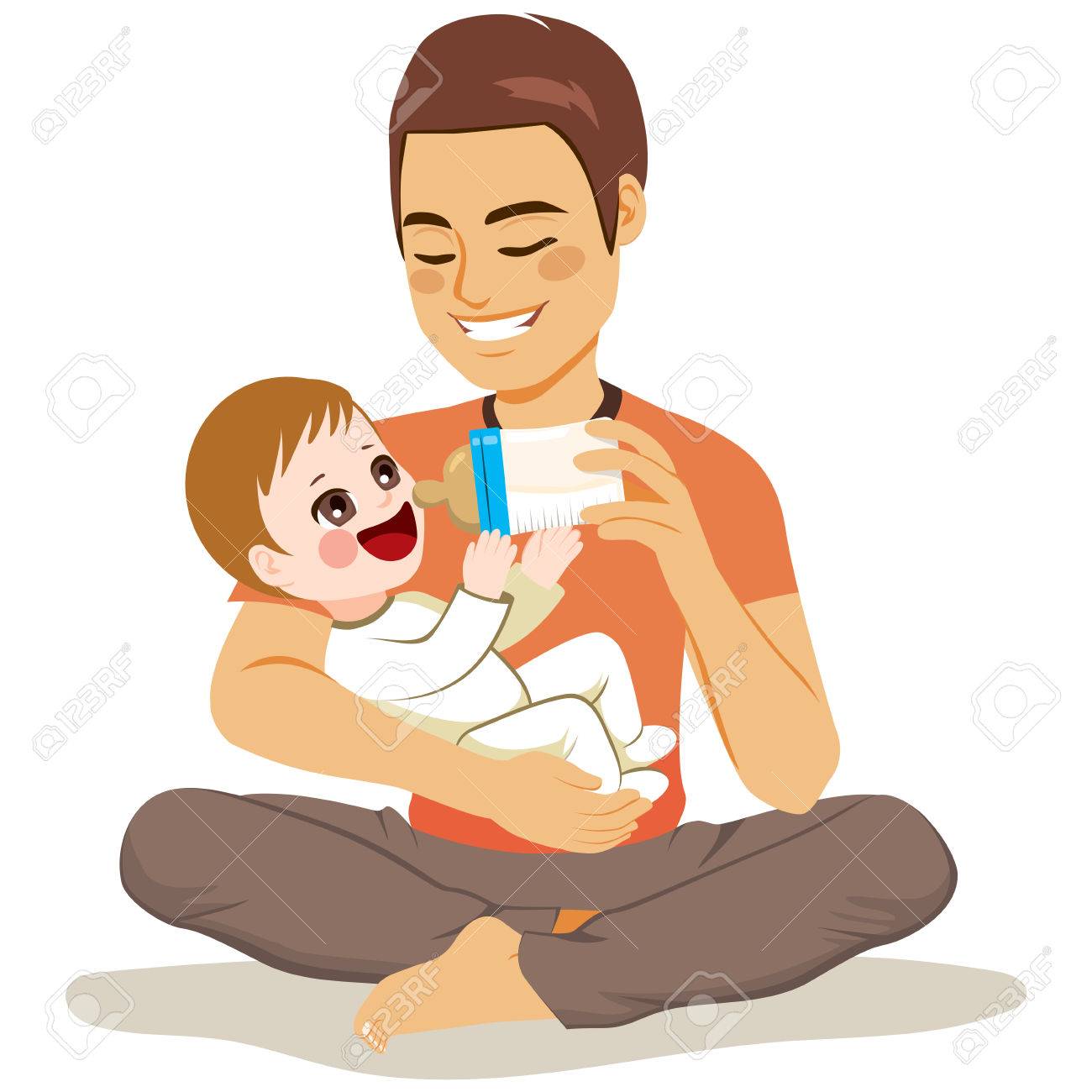 Joven Padre Masculino Lindo Bebe Recien Nacido De Alimentacion Con Botella De Leche Sentado En El Piso Ilustraciones Vectoriales Clip Art Vectorizado Libre De Derechos Image 9174