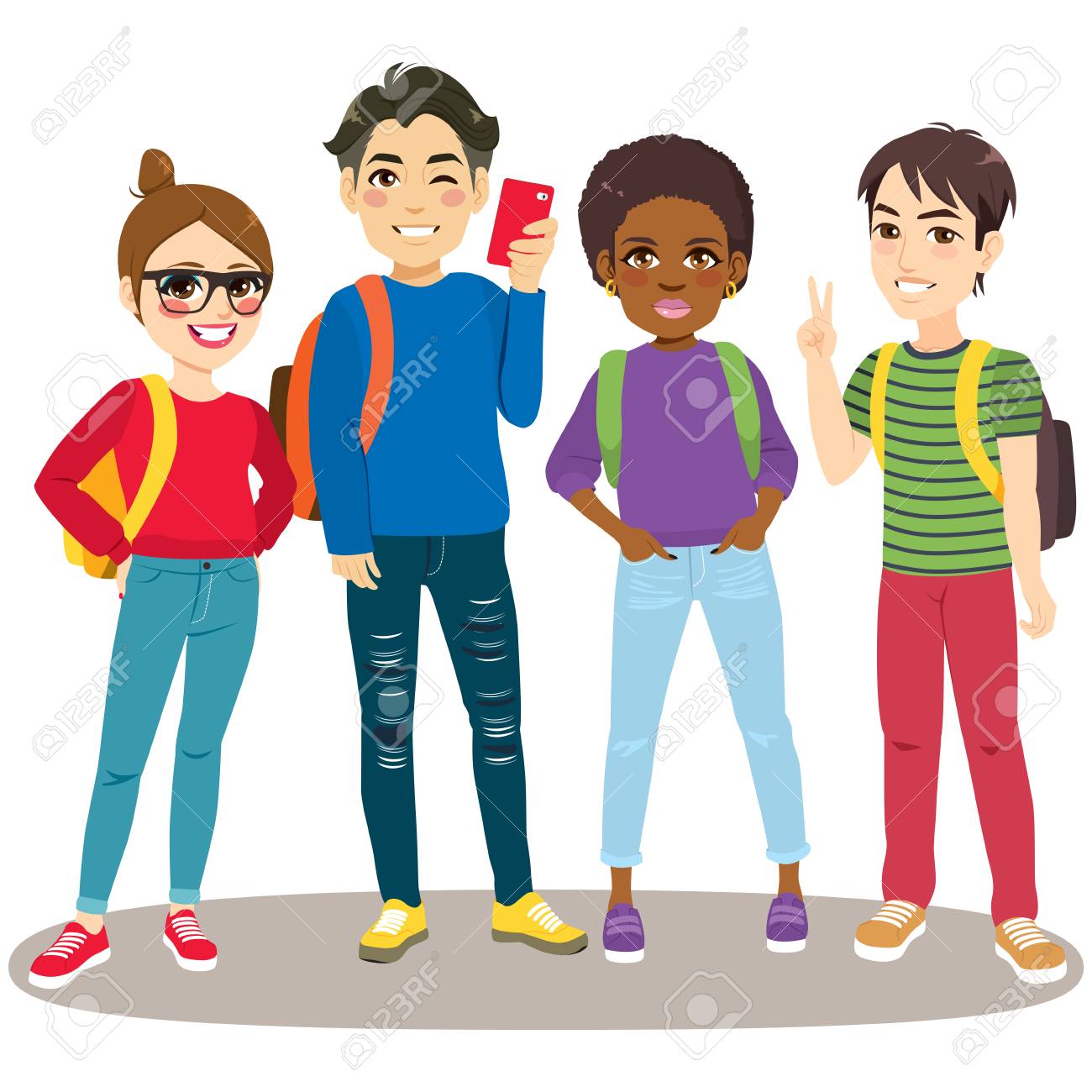 Four Young Teenagers Happy Together Standing Ready To Go Back To School With Backpacks And Smartphone Royalty Free Cliparts Vectors And Stock Illustration Image Four Young Teenagers Happy Together Standing Ready To Go Back To School With Backpacks And Smartphone Royalty Free Cliparts Vectors And Stock Illustration Image