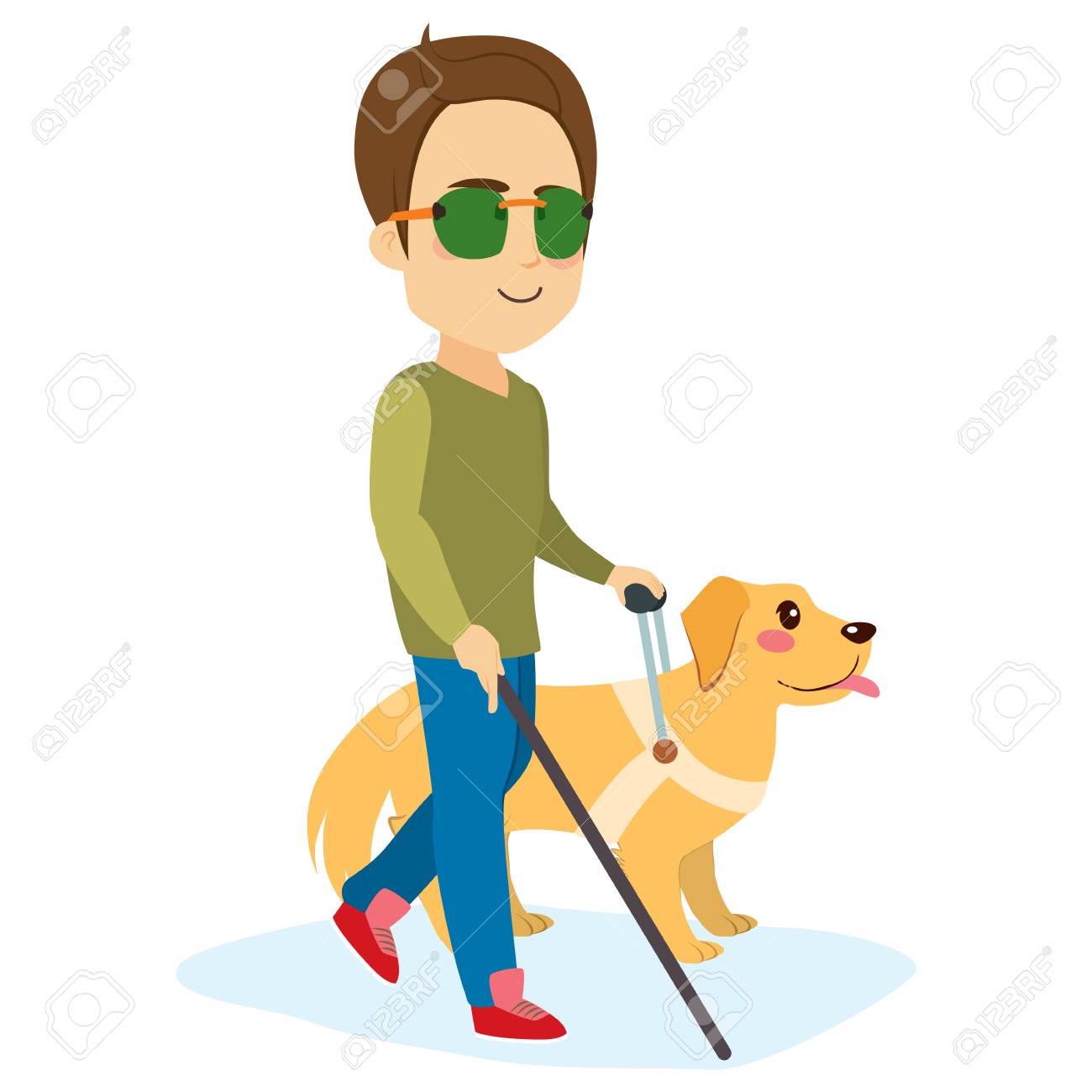 young blind man wearing sunglasses with assistance helping dog assistance for the blind