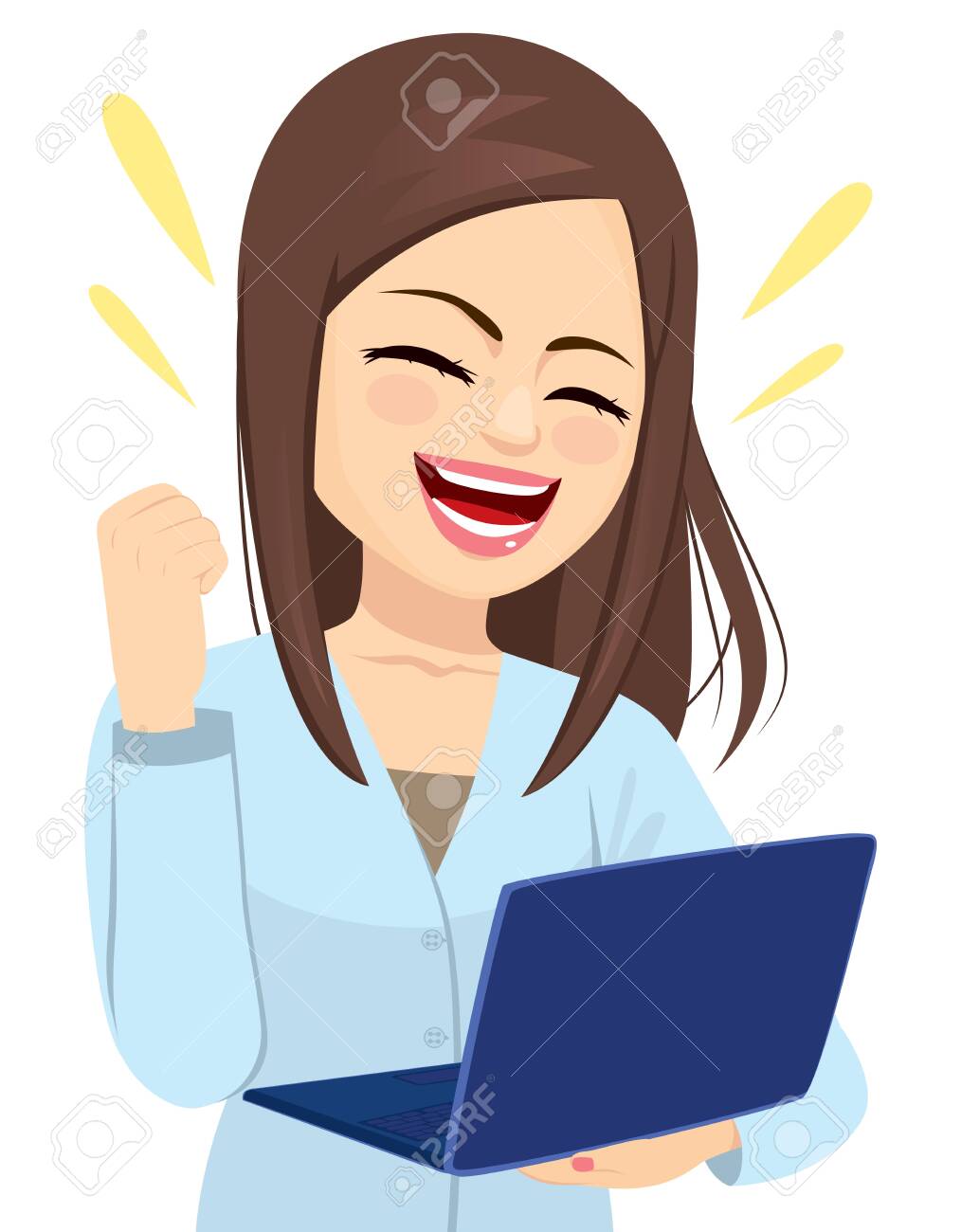 Successful happy businesswoman holding laptop cheering with fist up celebrating - 126937225 Successful happy businesswoman holding laptop cheering with fist up celebrating - 126937225