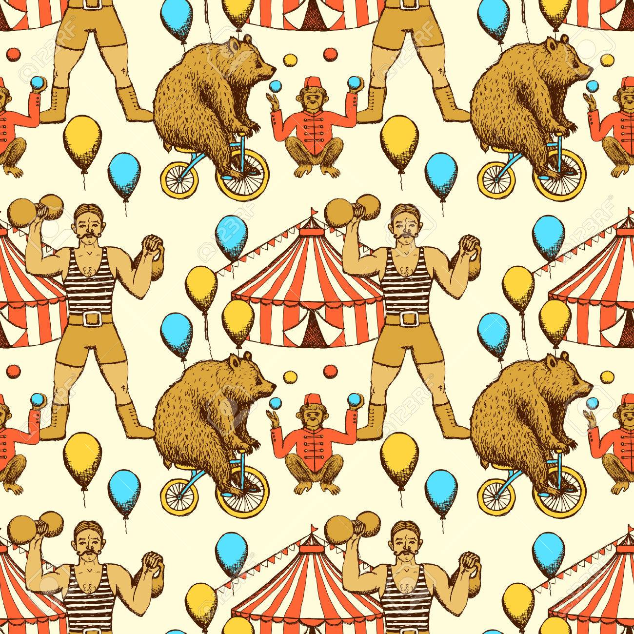 ビンテージ スタイルで円のシームレスなパターンをスケッチします 自転車 猿の曲芸師 サーカスのテント ストロングマン クマ Rigdding のイラスト素材 ベクタ Image ビンテージ スタイルで円のシームレスなパターンをスケッチします 自転車 猿の曲芸師 サーカスのテント ストロングマン クマ Rigdding のイラスト素材 ベクタ Image