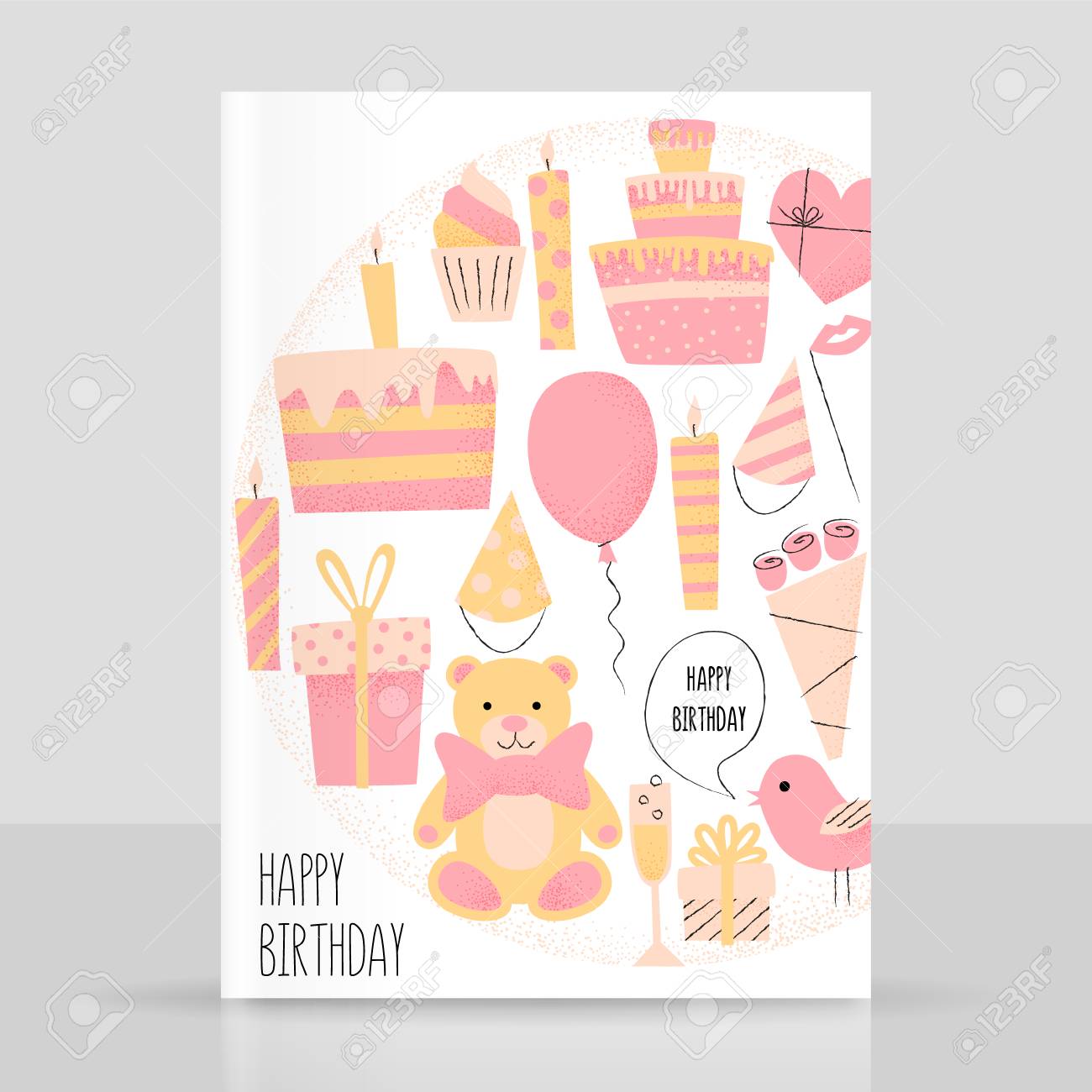 お誕生日おめでとうカード ご挨拶とお祝いのケーキとプレゼントを設定のイラスト素材 ベクタ Image