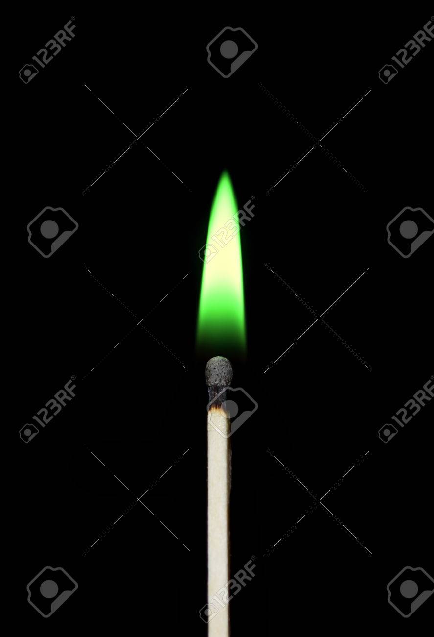 Burning Match Close Up On A Black Background Green Fire - 