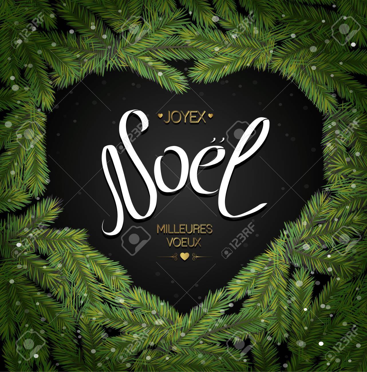 クリスマス ツリーの枝の境界線 クリスマスのためのフランス語のテキスト ジョワイユ ノエル ベクトル グリーティング カード 休日のデザインのノエル書道文字テキストのイラスト素材 ベクタ Image