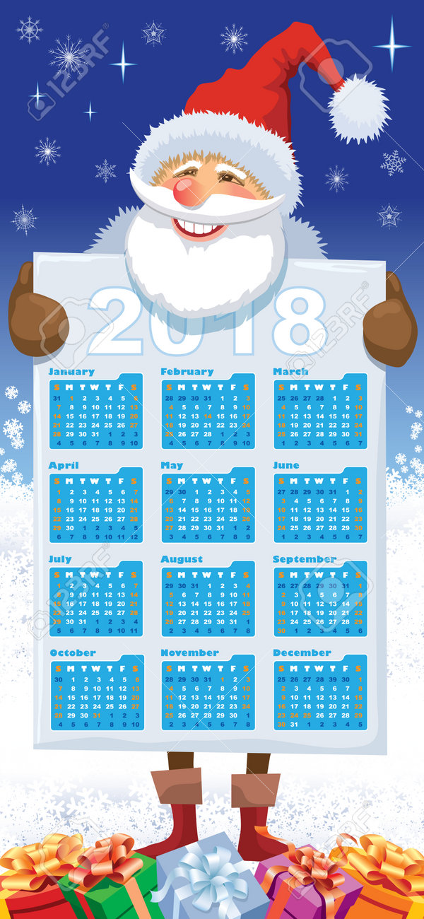 santa claus with new calendar 2018 and gifts over christmas winter