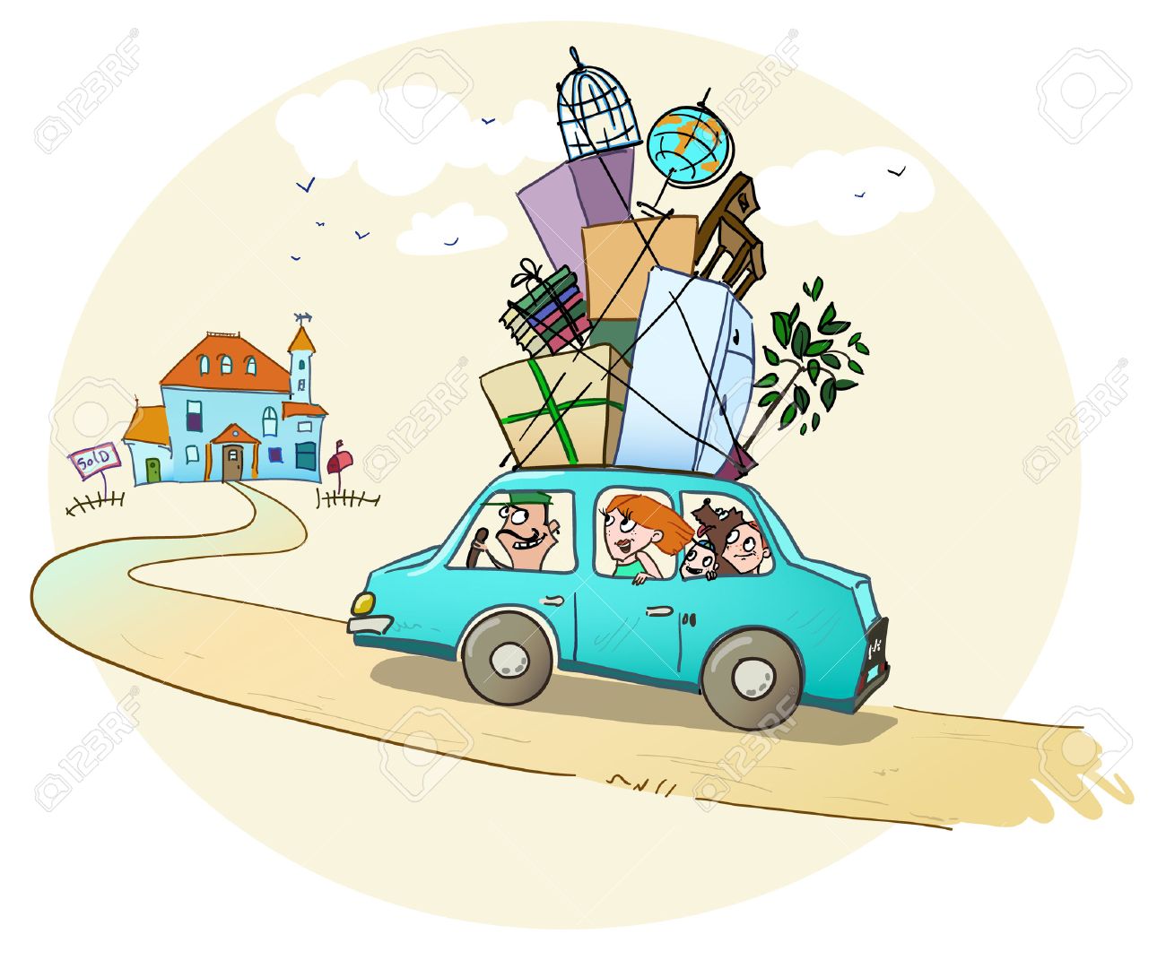 Vettoriale Trasferirsi In Una Nuova Casa Happy Family E Sulla Via Di Una Nuova Casa Image