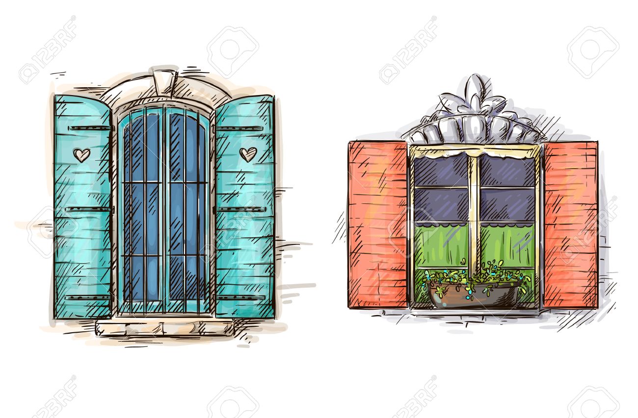 vintage window drawing. set of vintage windows hand drawn stock vector - 24355470 window drawing e